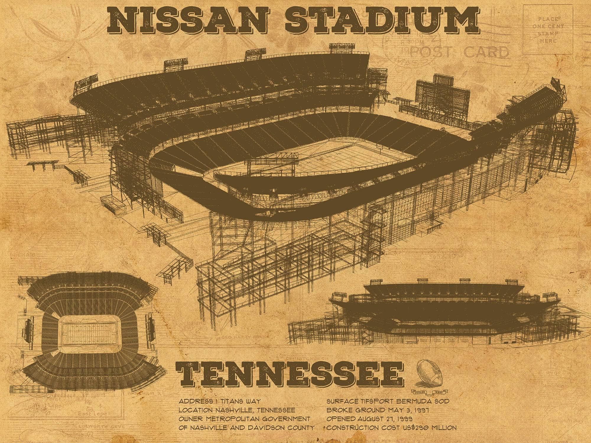 Cutler West Pro Football Collection 14" x 11" / Unframed Tennessee Titans Nissan Stadium - Vintage Football Print 723978276_71087