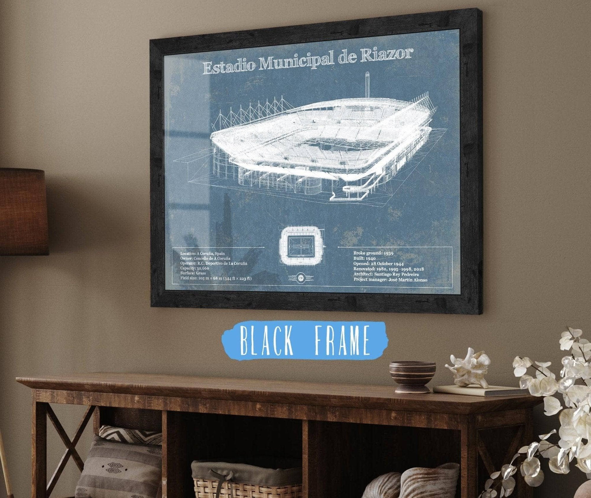 Cutler West Soccer Collection 14" x 11" / Black Frame Estadio Municipal De Riazor Stadium Blueprint Vintage Soccer (Football) Print 885468128_57252