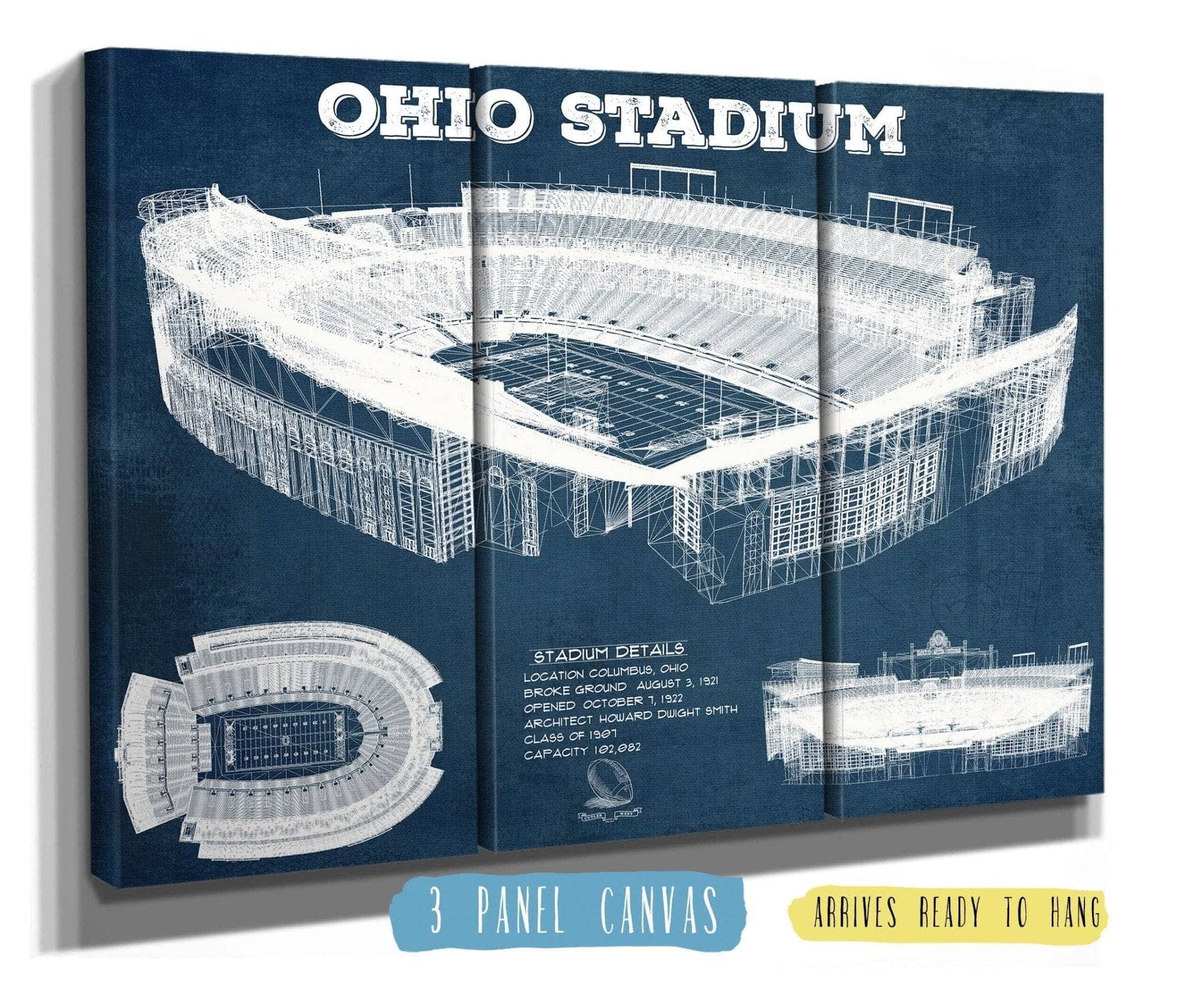 Cutler West College Football Collection 48" x 32" / 3 Panel Canvas Wrap Ohio State Buckeyes Art - Ohio Stadium Vintage Stadium Blueprint Art Print 722799226_70345