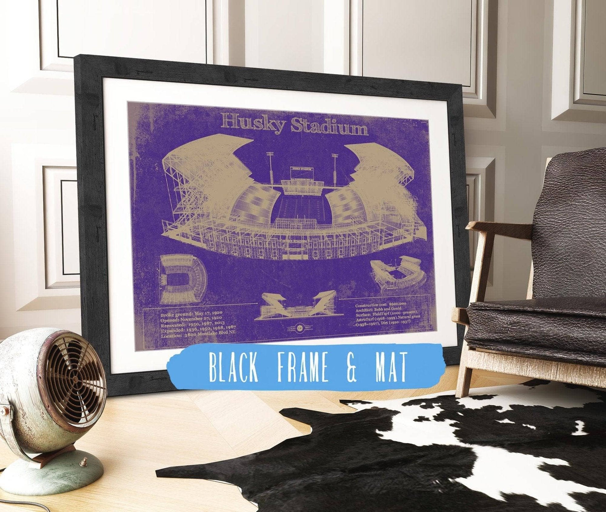 Cutler West 14" x 11" / Black Frame & Mat Washington Huskies Art - Husky Stadium Vintage Stadium Blueprint Art Print 835000008-14"-x-11"59431