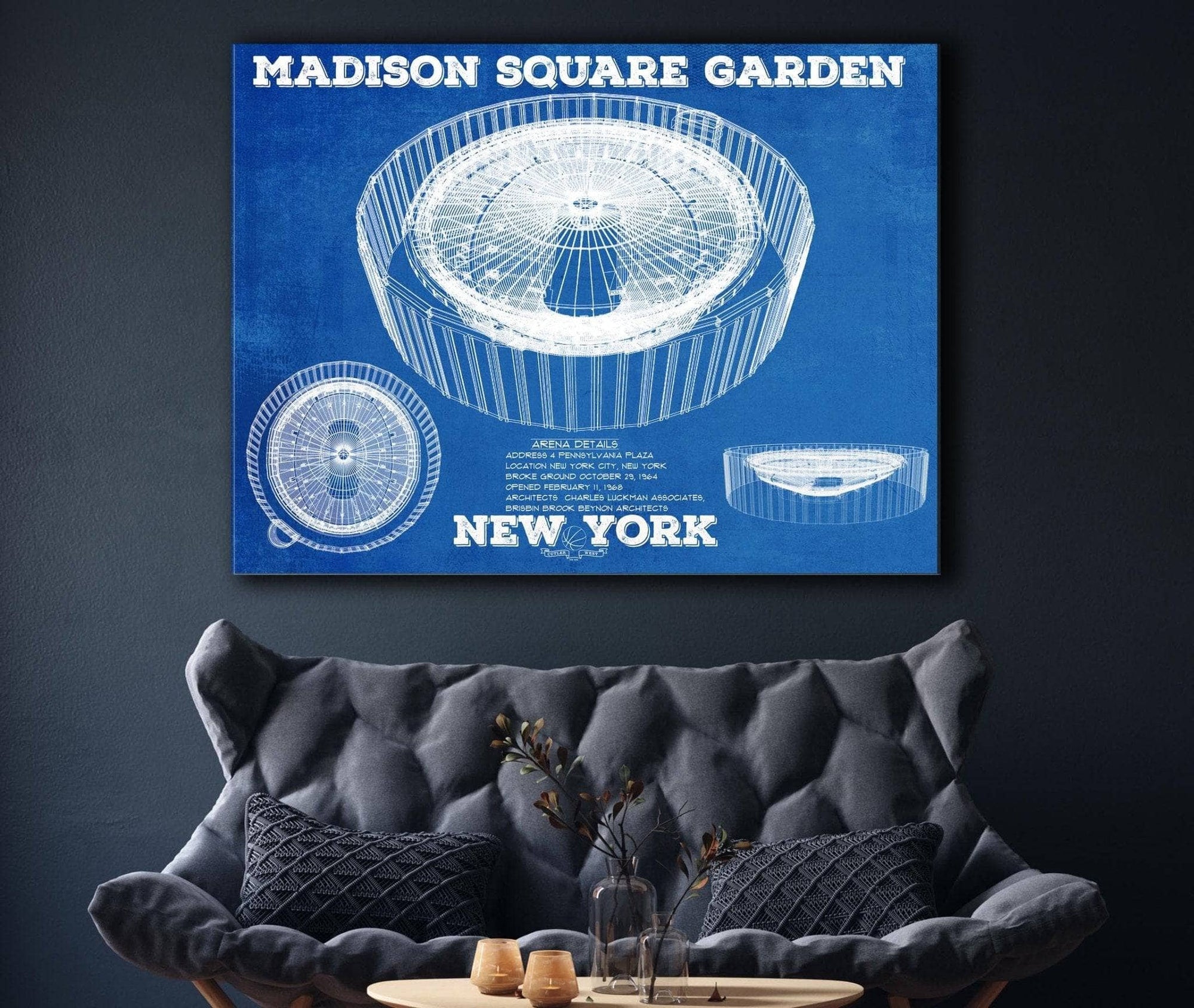 Cutler West Basketball Collection New York Knicks - Madison Square Garden Vintage Blueprint  NBA Basketball NBA  Team Color Print