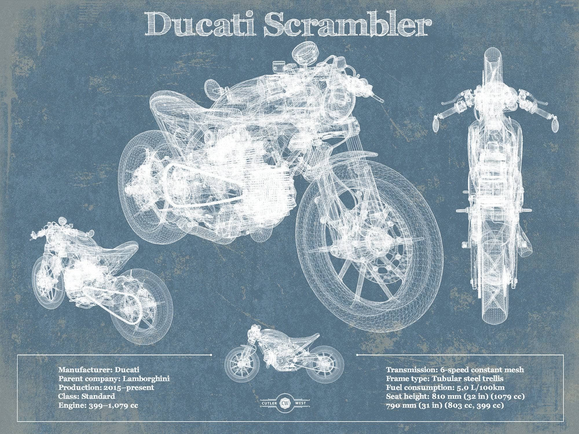 Cutler West 14" x 11" / Unframed Ducati Scrambler Vintage Blueprint Motorcycle Patent Print 833110038_61277