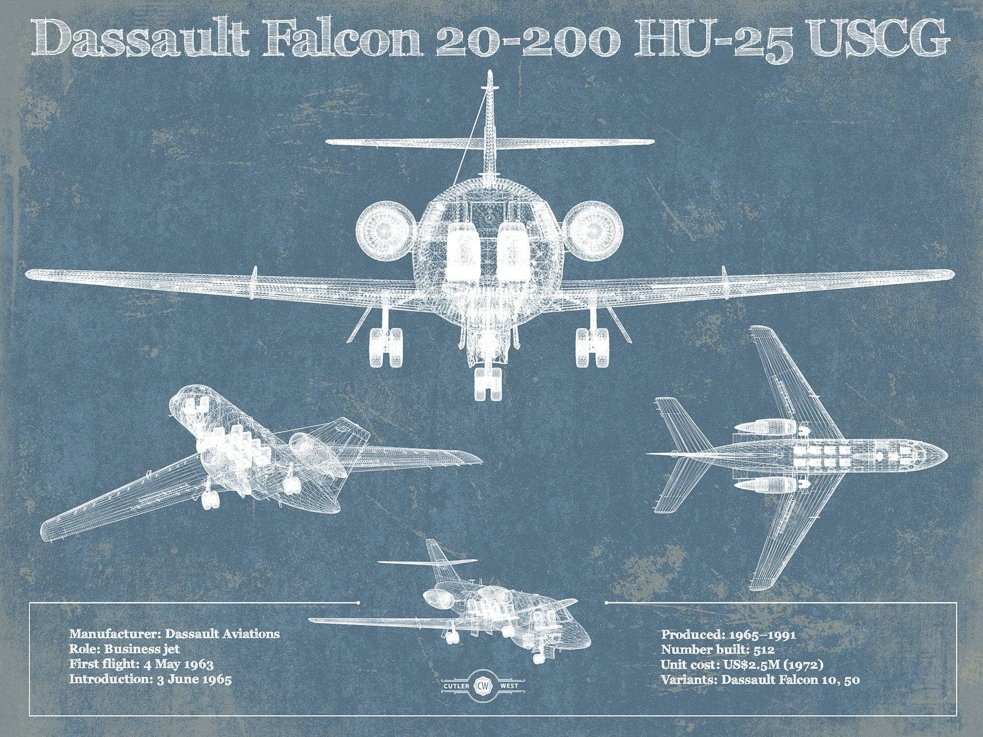 Cutler West Dassault Falcon 20-200 HU-25 USCG Vintage Aviation Blueprint Print - Custom Pilot Name can be Added