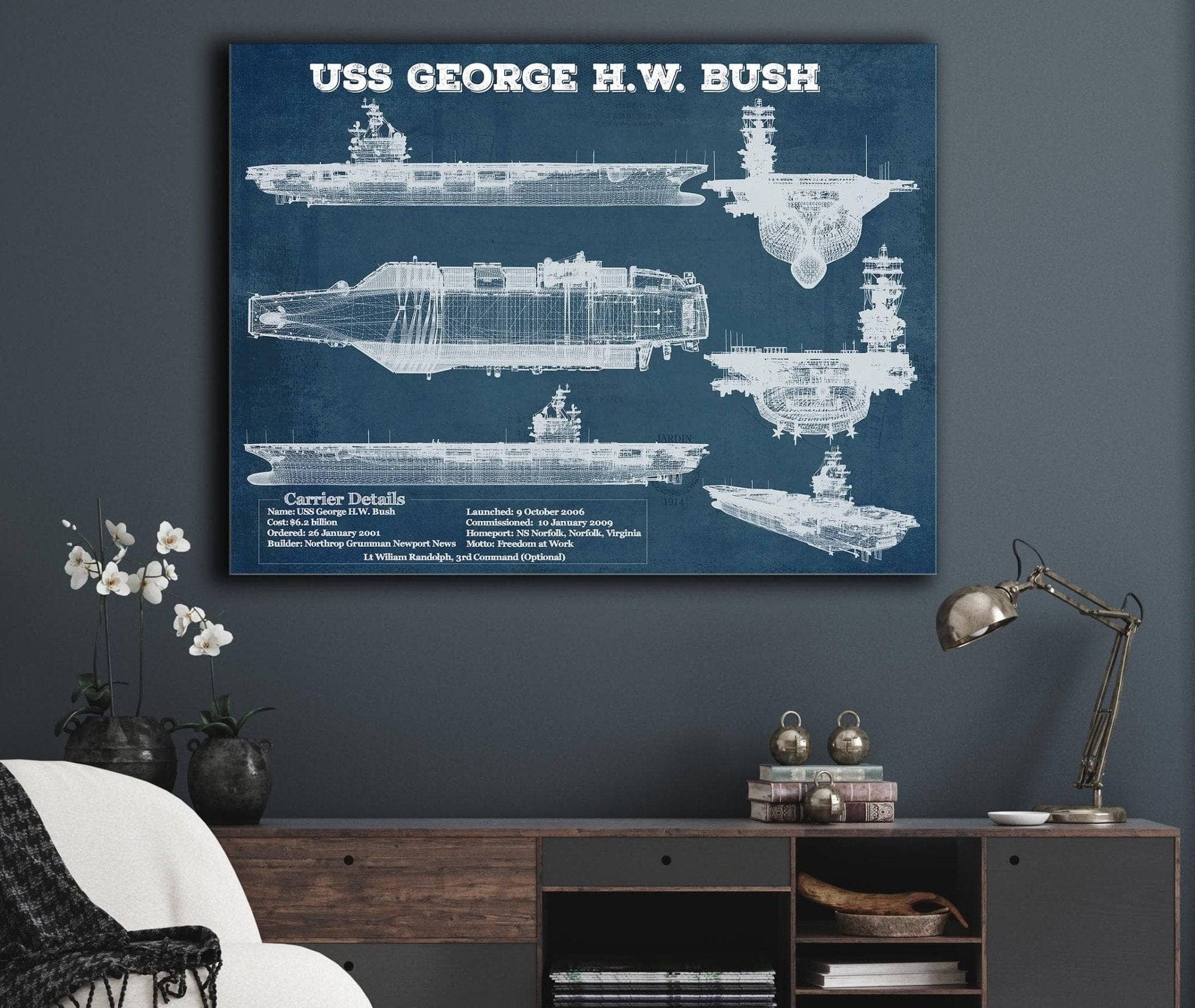 Cutler West Naval Military USS George H.W. Bush Aircraft Carrier Blueprint Original Military Wall Art - Customizable