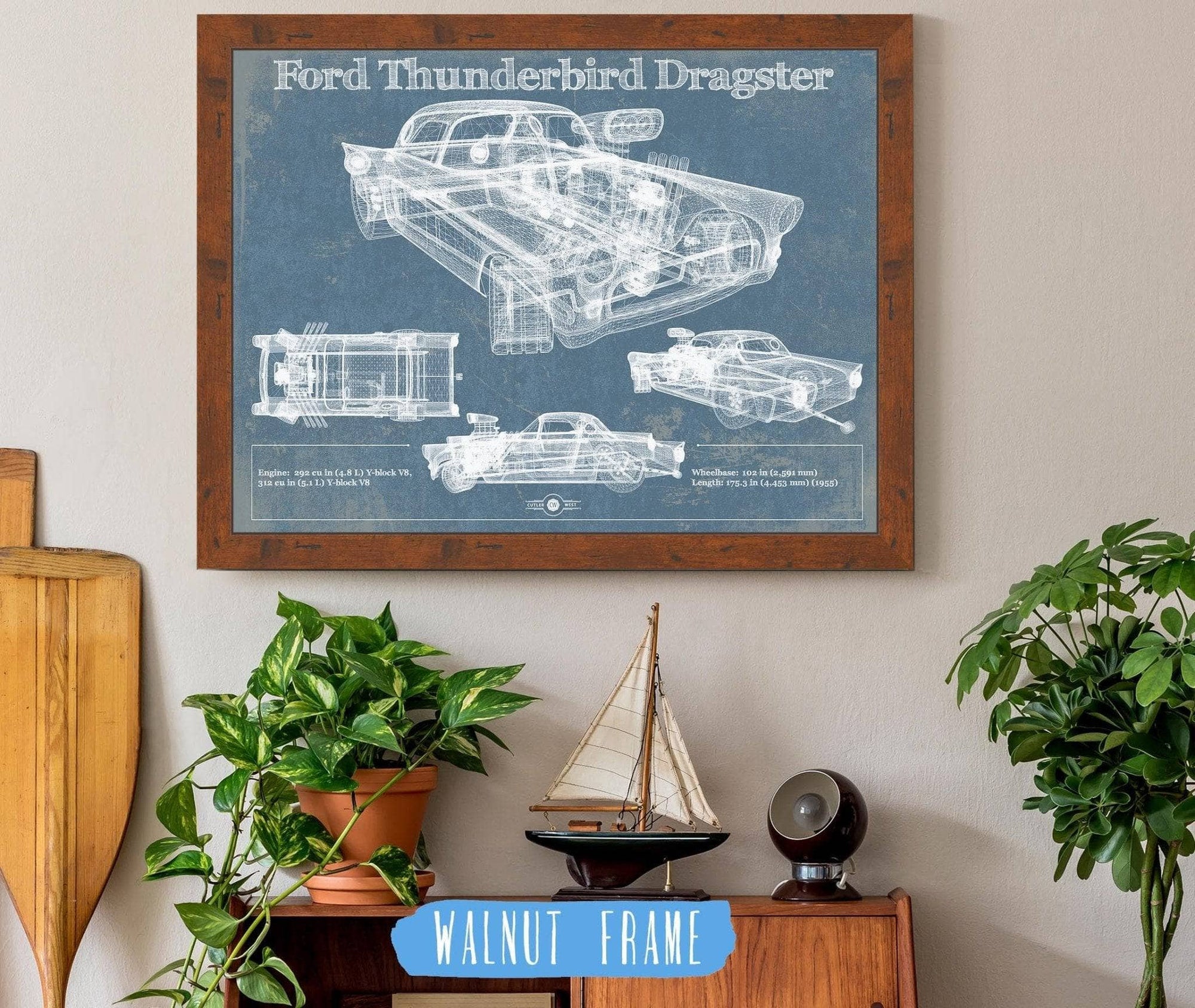 Cutler West Ford Collection 14" x 11" / Walnut Frame Ford Thunderbird Dragster Blueprint Vintage Auto Print 833447927_67038