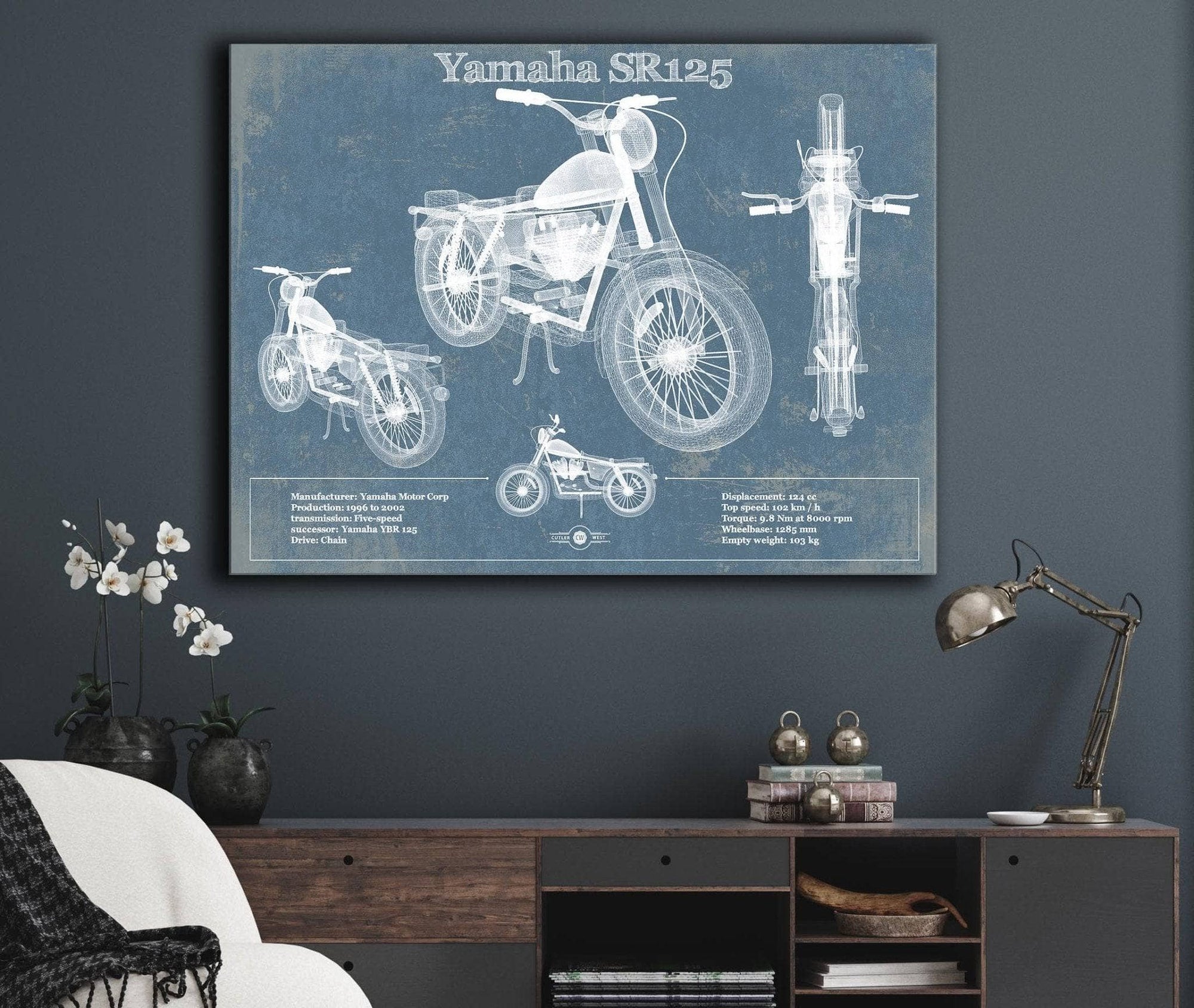 Cutler West Yamaha SR125 Blueprint Motorcycle Patent Print