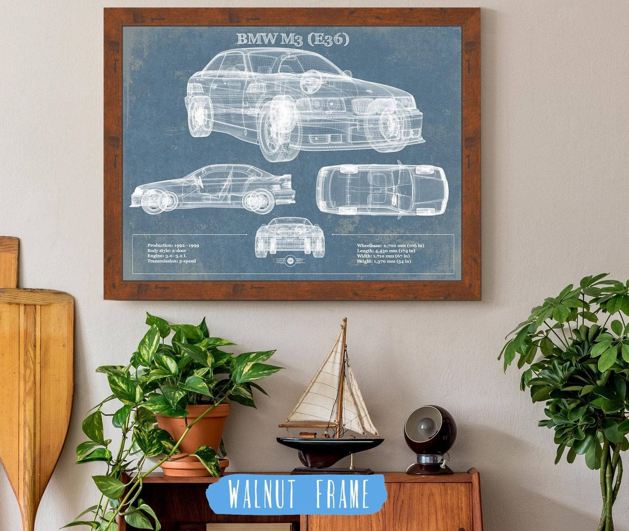 Cutler West 14" x 11" / Walnut Frame BMW M3 (E36) Vintage Blueprint Auto Print 833110078-14"-x-11"47684