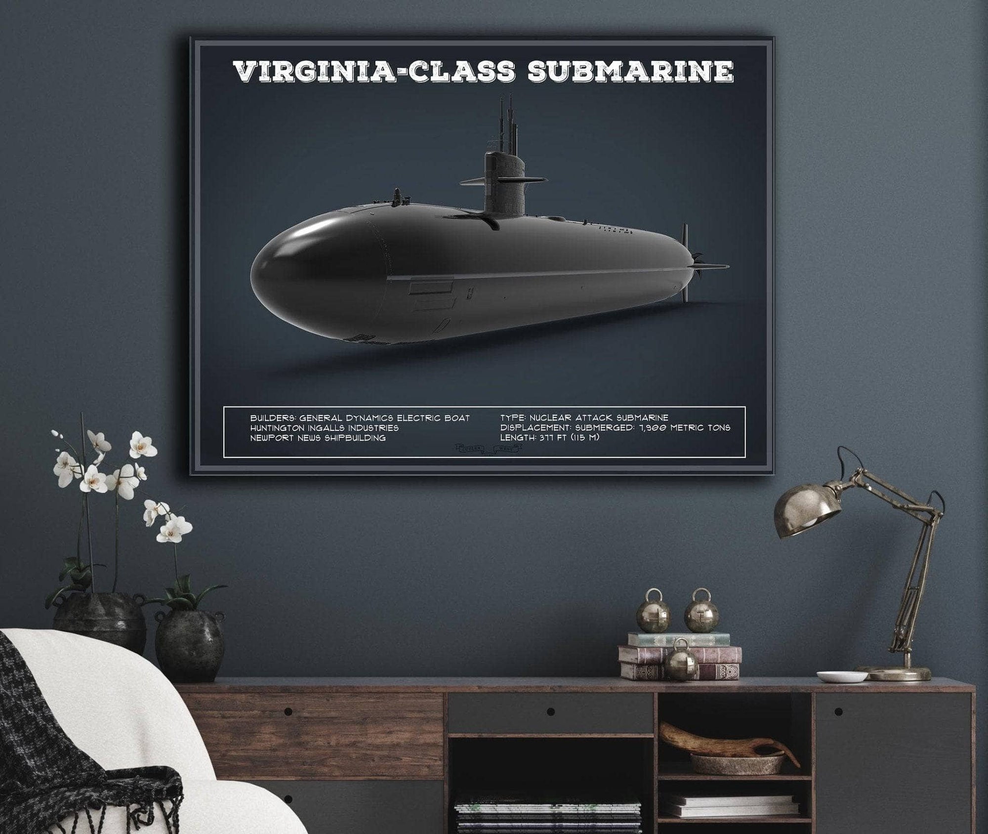 Cutler West Naval Military Virginia-Class submarine Blueprint Patent Original Art