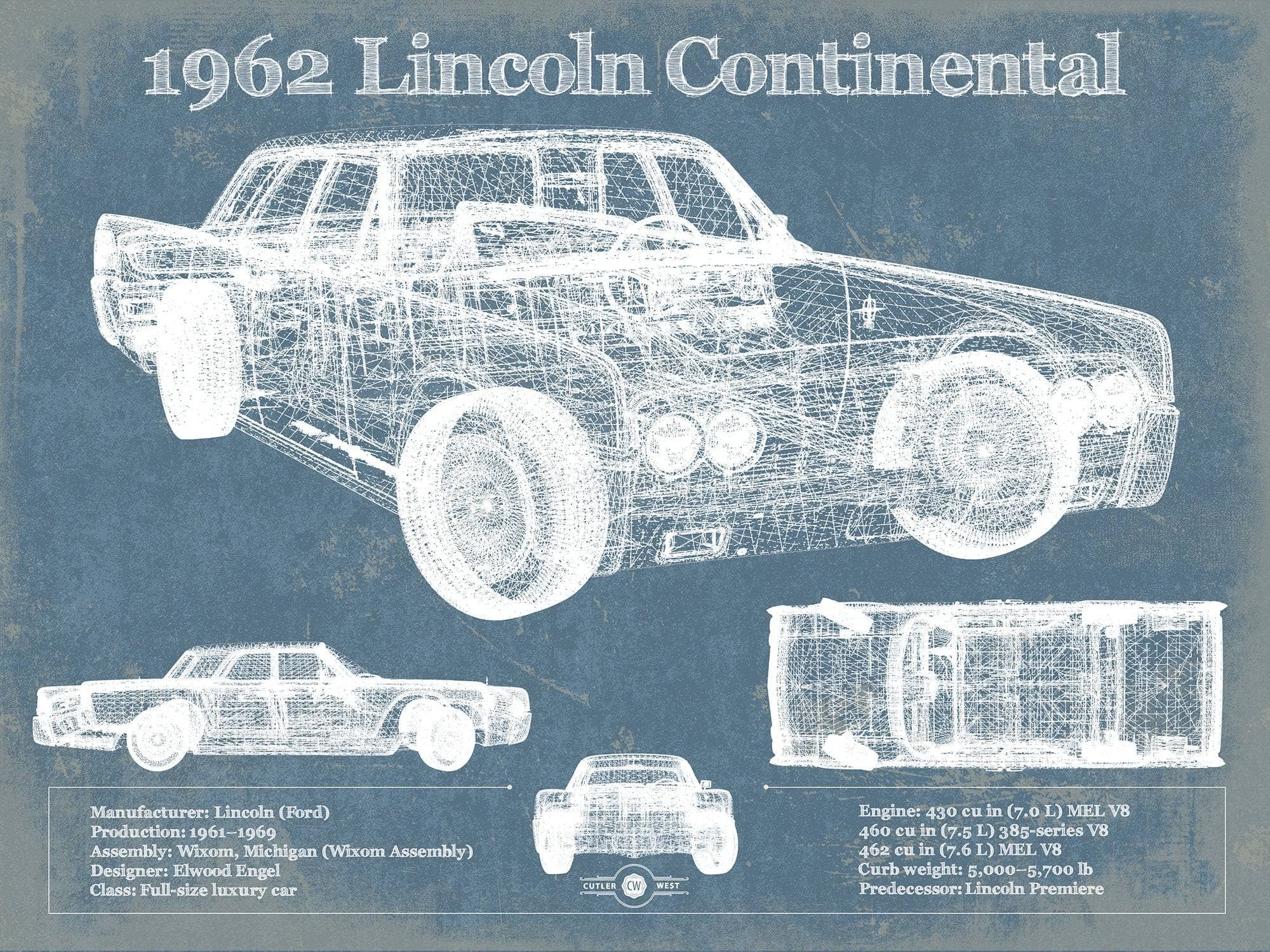 Cutler West 1962 Lincoln Continental Sedan Vintage Blueprint Auto Print