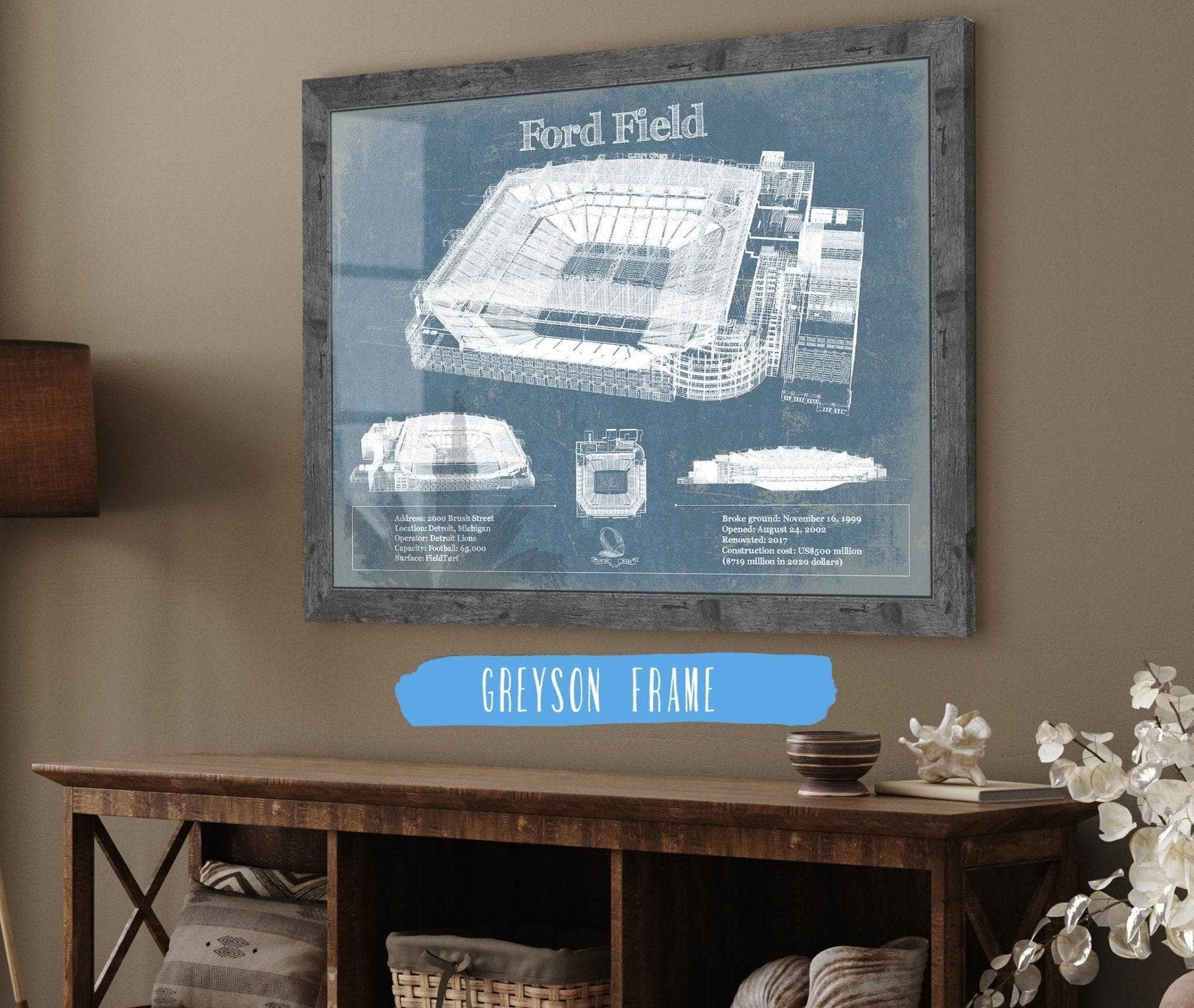 Cutler West Vehicle Collection 14" x 11" / Greyson Frame Ford Field - Detroit Lions NFL Vintage Football Print 933311125_54882