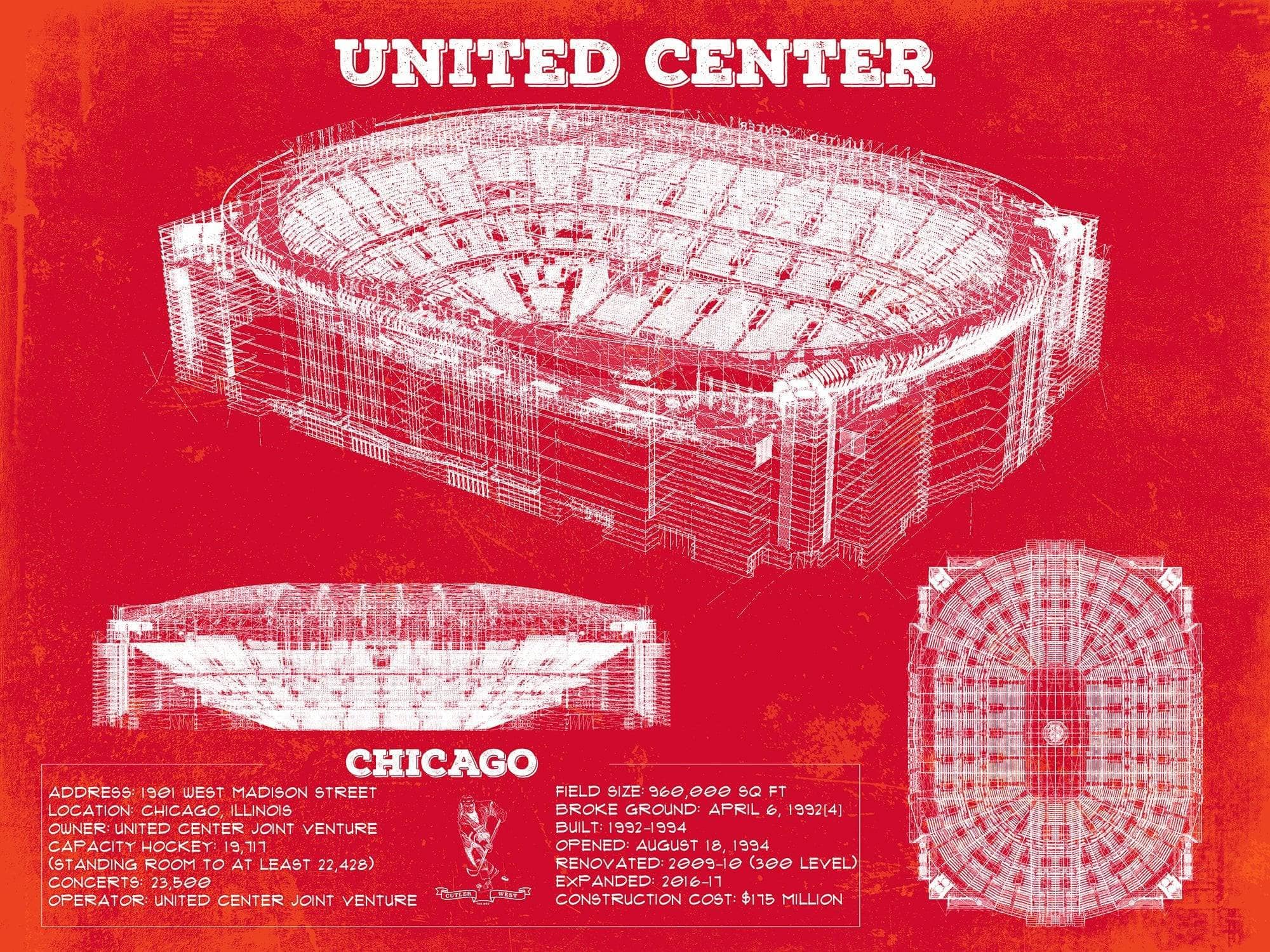 Cutler West 14" x 11" / Unframed United Center - Chicago Blackhawks Team Colors Vintage Hockey Print 933311129_8971