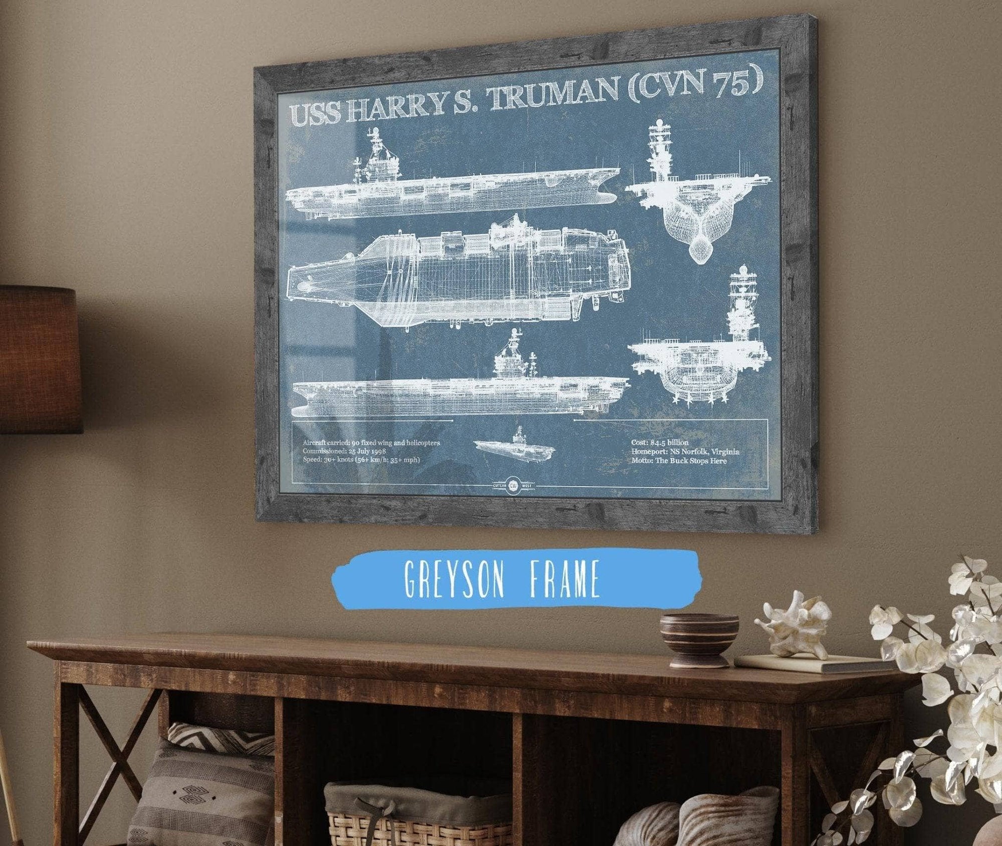 Cutler West Naval Military 14" x 11" / Greyson Frame USS Harry S. Truman (CVN 75) Aircraft Carrier Blueprint Original Military Wall Art 835000056_24341