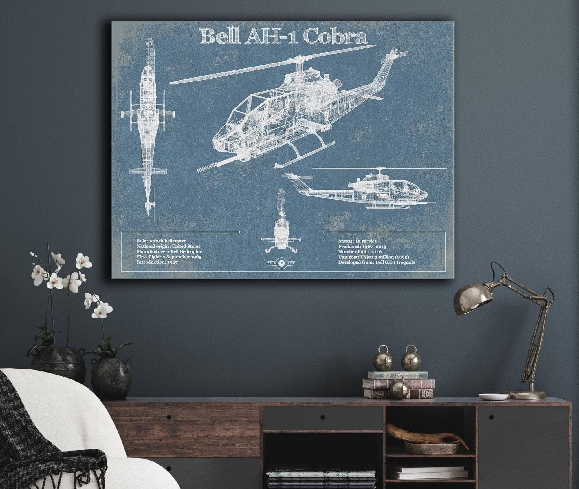 Cutler West Military Aircraft Bell AH-1 HueyCobra/Cobra Vintage Original Blueprint Military Print