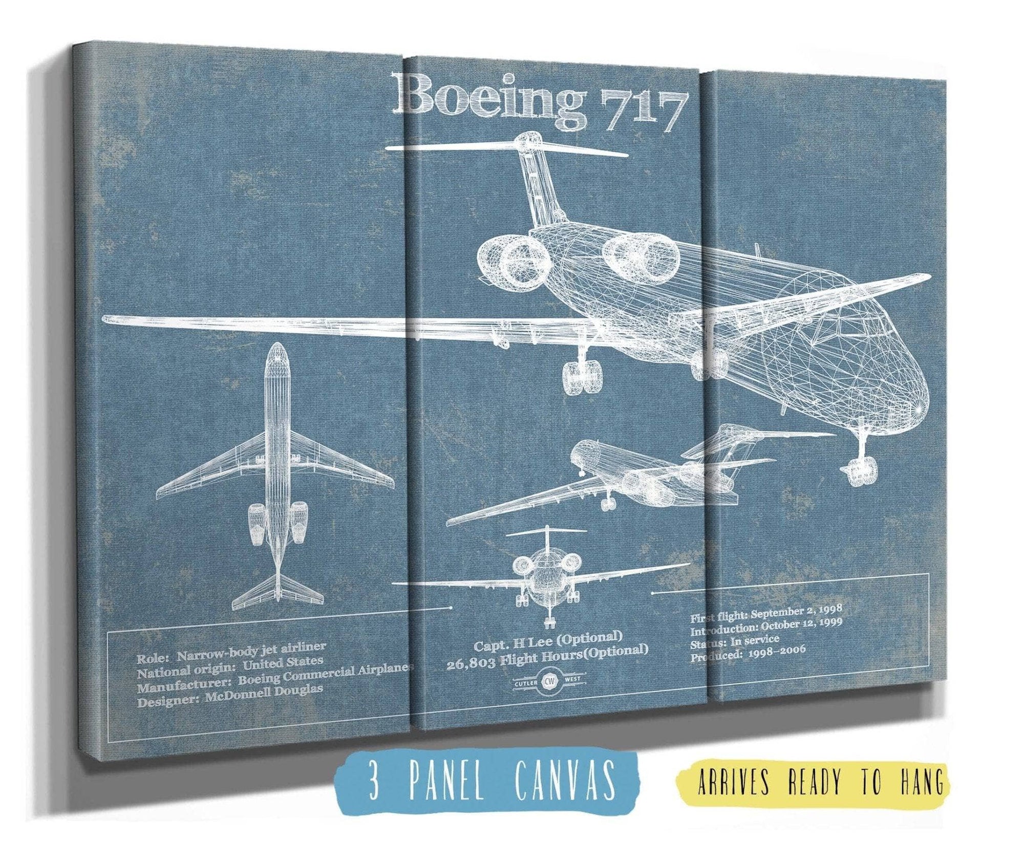 Cutler West Boeing Collection 48" x 32" / 3 Panel Canvas Wrap Boeing 717 Vintage Aviation Blueprint Print - Custom Pilot Name Can Be Added 840189113_48523