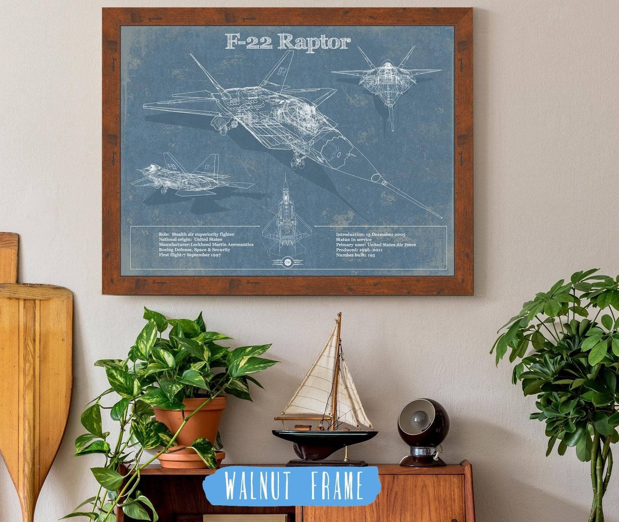 Cutler West Best Selling Collection 14" x 11" / Walnut Frame F-22 Raptor Aviation Blueprint Military Print - Custom Name and Squadron Text 803915045-TOP