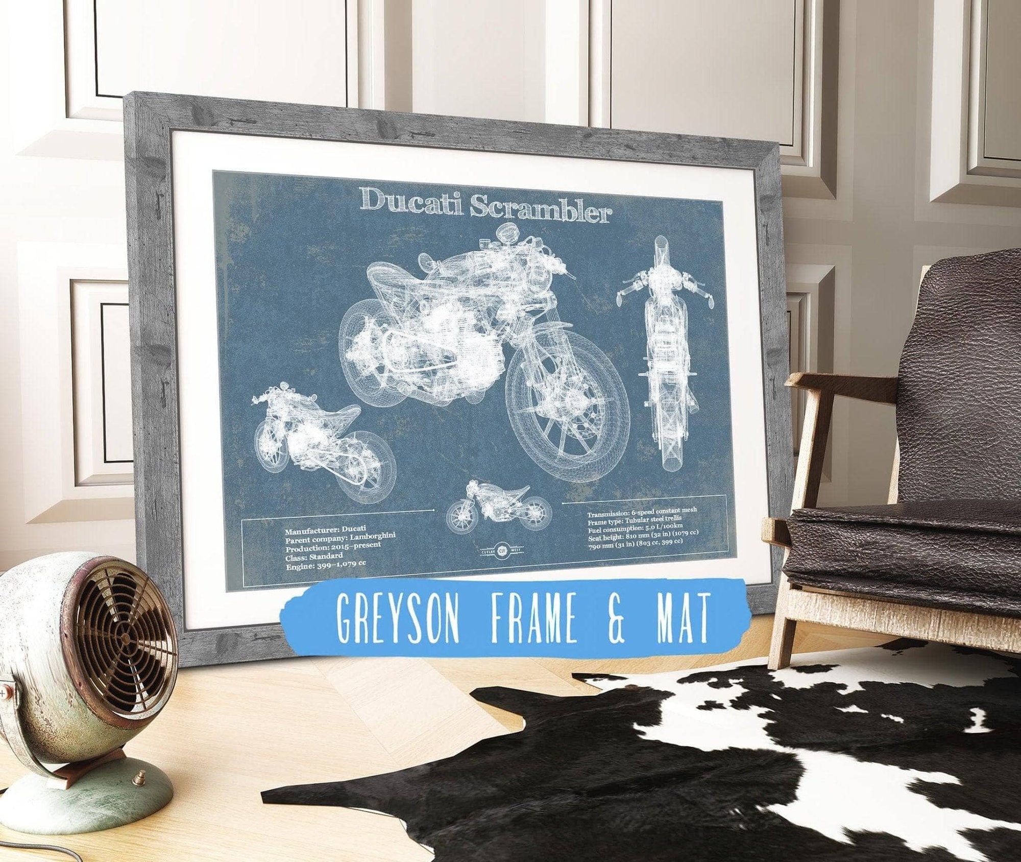 Cutler West 14" x 11" / Greyson Frame & Mat Ducati Scrambler Vintage Blueprint Motorcycle Patent Print 833110038_61285
