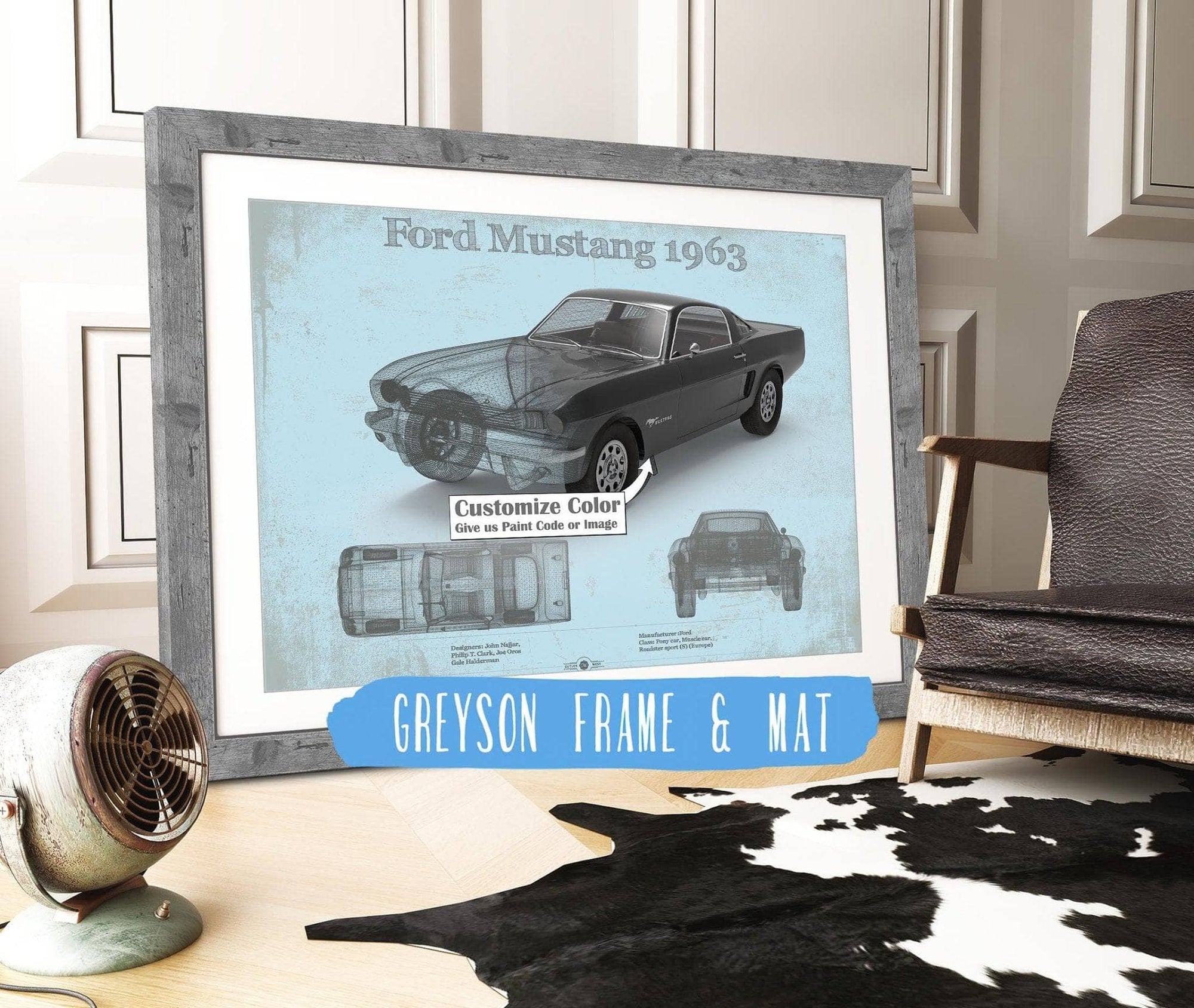 Cutler West Ford Collection 14" x 11" / Greyson Frame & Mat Ford Mustang 1963 Original Blueprint Art 845000123-TOP