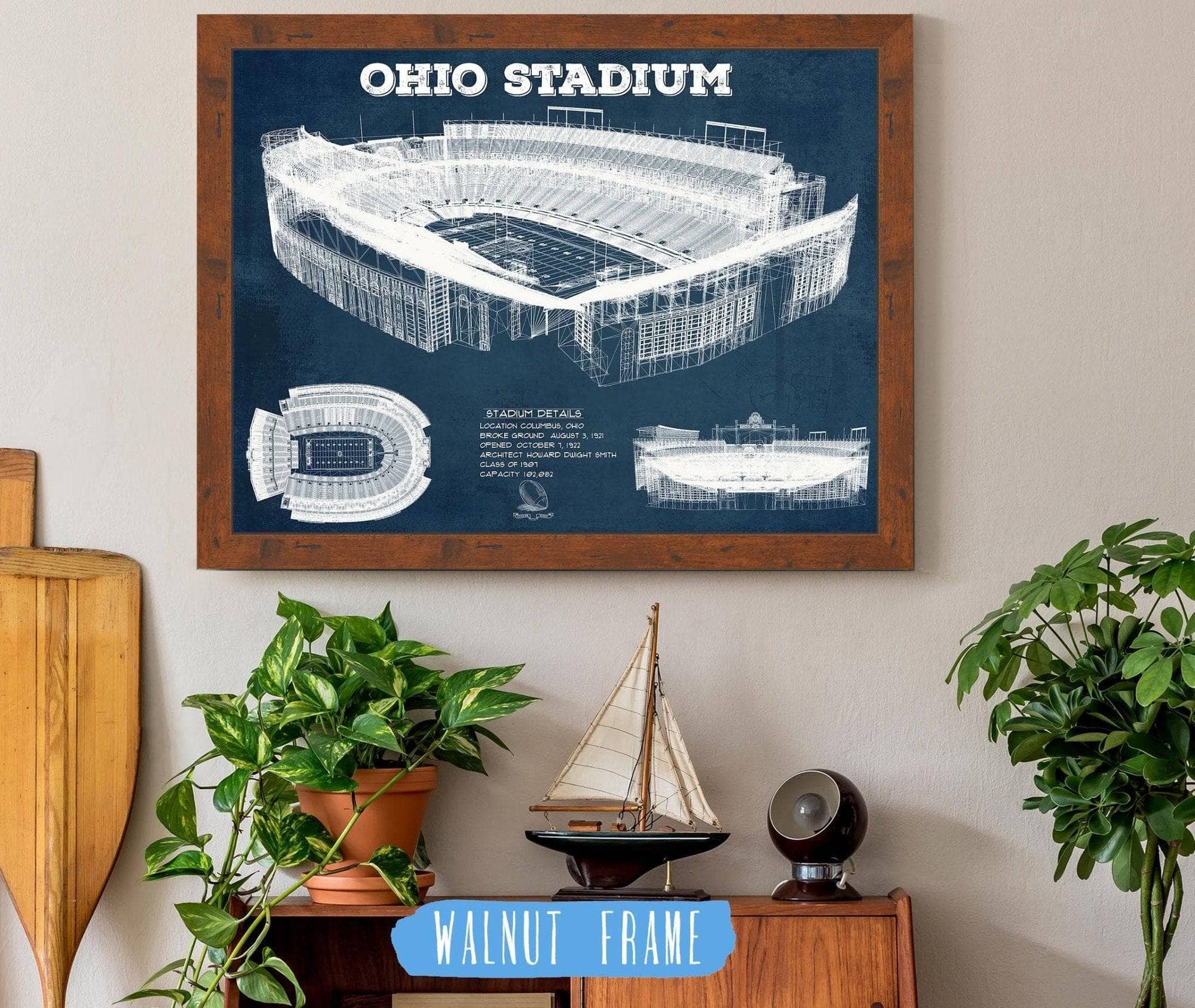 Cutler West College Football Collection 14" x 11" / Walnut Frame Ohio State Buckeyes Art - Ohio Stadium Vintage Stadium Blueprint Art Print 722799226_70298