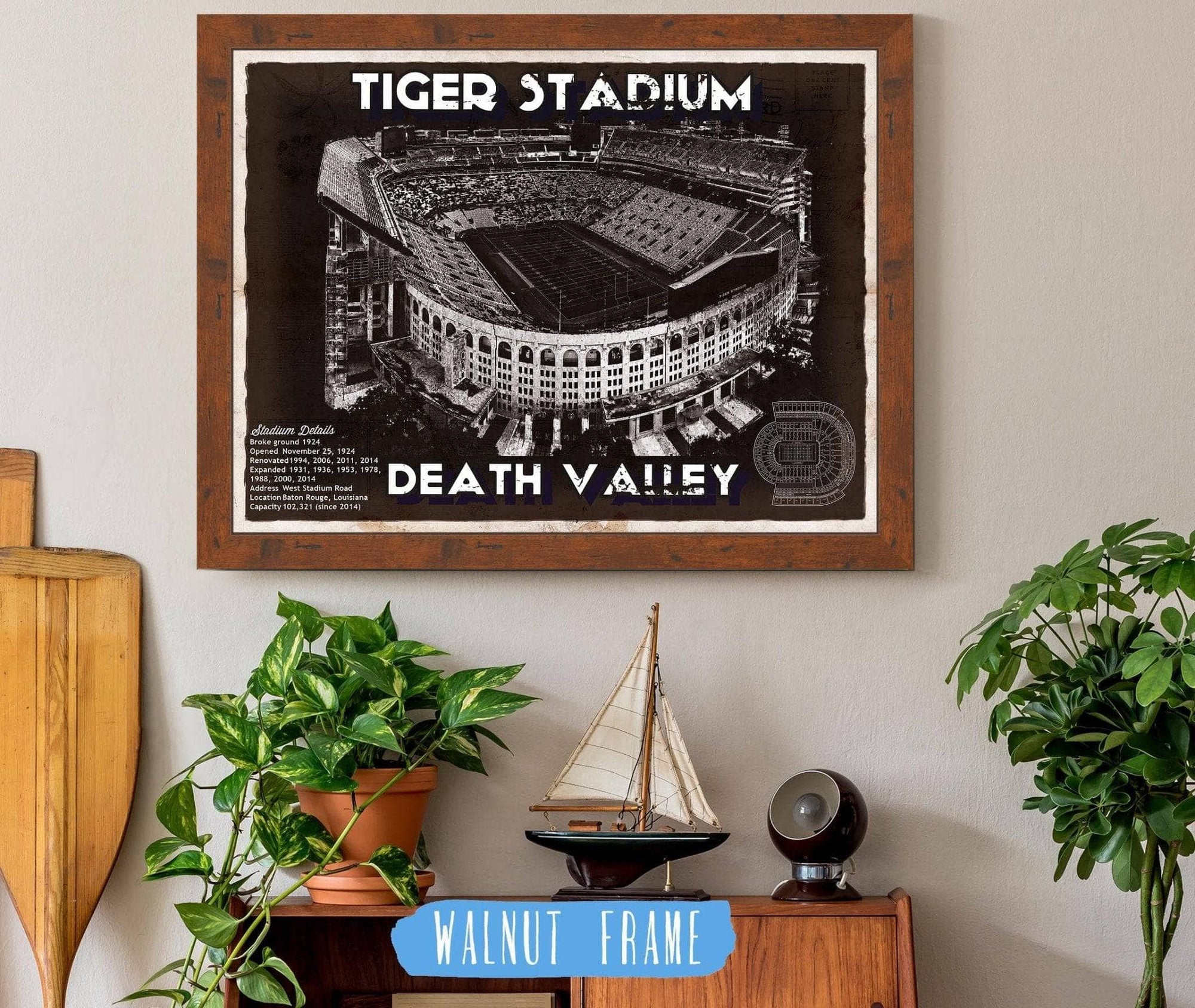 Cutler West College Football Collection 14" x 11" / Walnut Frame Tiger Stadium Art - LSU Tigers Vintage Stadium & Blueprint Art Print 933311065