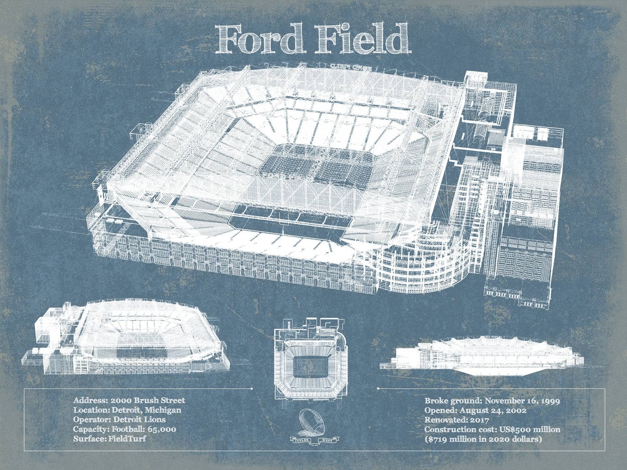 Cutler West Vehicle Collection 14" x 11" / Unframed Ford Field - Detroit Lions NFL Vintage Football Print 933311125_54875
