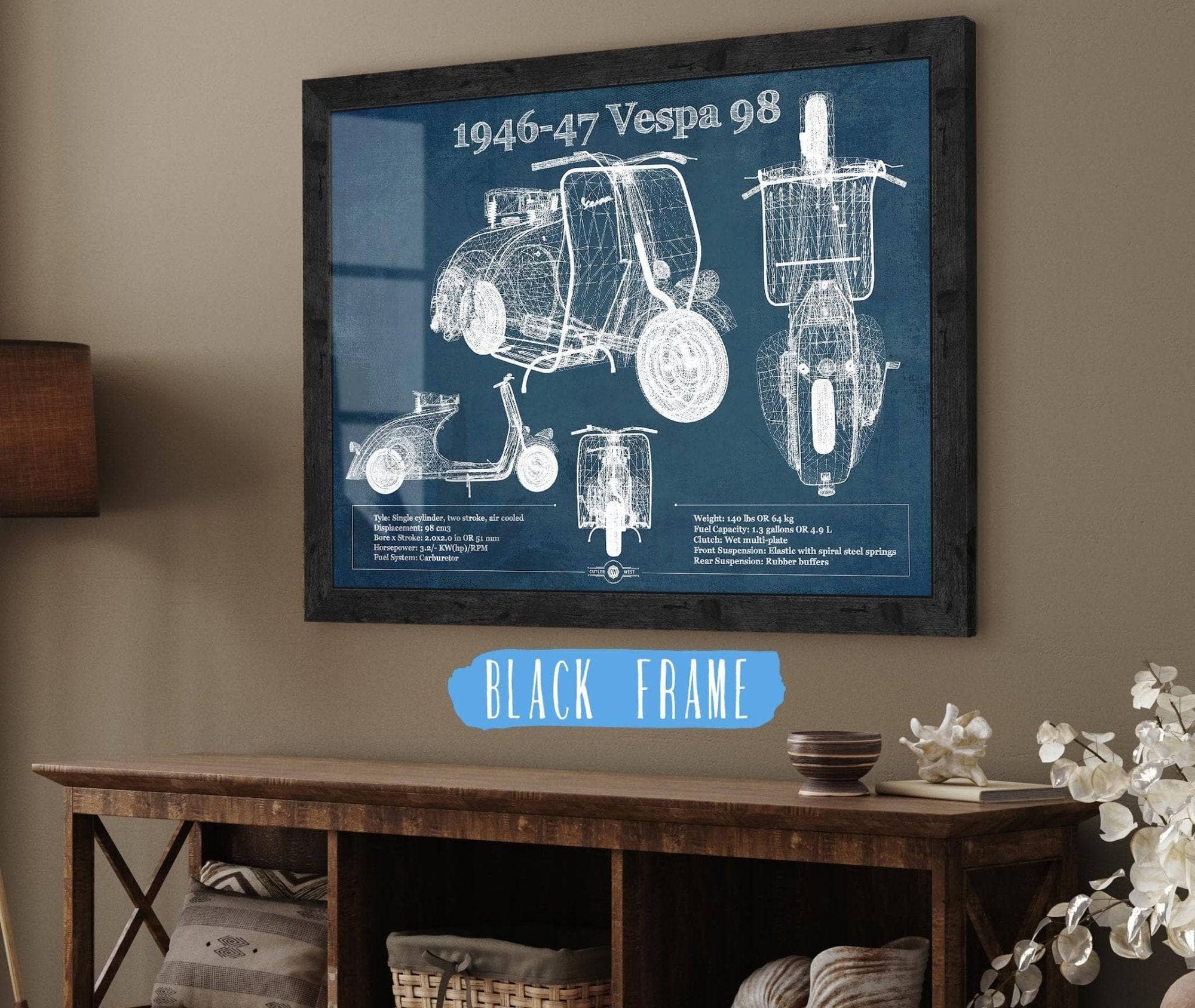 Cutler West Vehicle Collection 14" x 11" / Black Frame 1946-47 Vespa 98 Vintage Blueprint Auto Print 933311103_32767