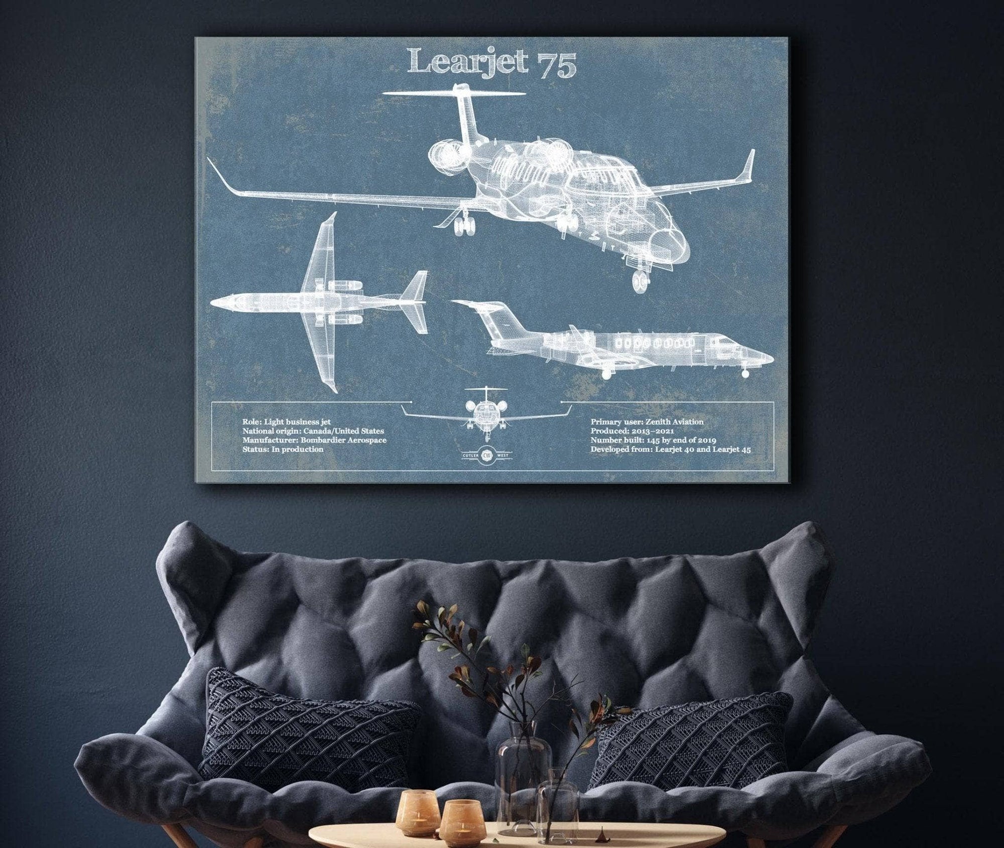 Cutler West Learjet 75 Vintage Blueprint Airplane Print