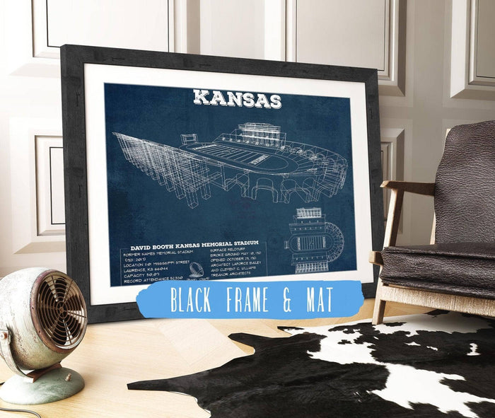 Cutler West College Football Collection 14" x 11" / Black Frame & Mat Vintage Kansas Jayhawks Art - Kansas Memorial Stadium Blueprint Football Print 738926422-14"-x-11"56263