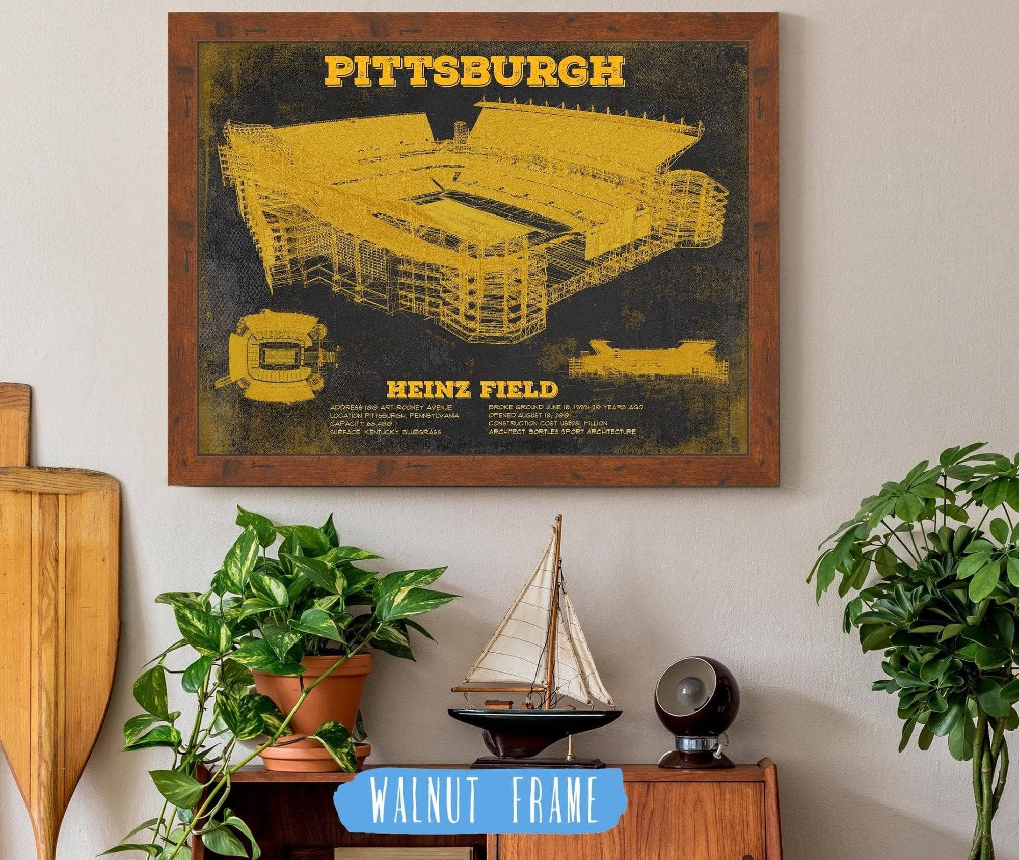 Cutler West Pro Football Collection 14" x 11" / Walnut Frame Pittsburgh Steelers Stadium Art Team Color- Heinz Field - Vintage Football Print 835000001-TOP