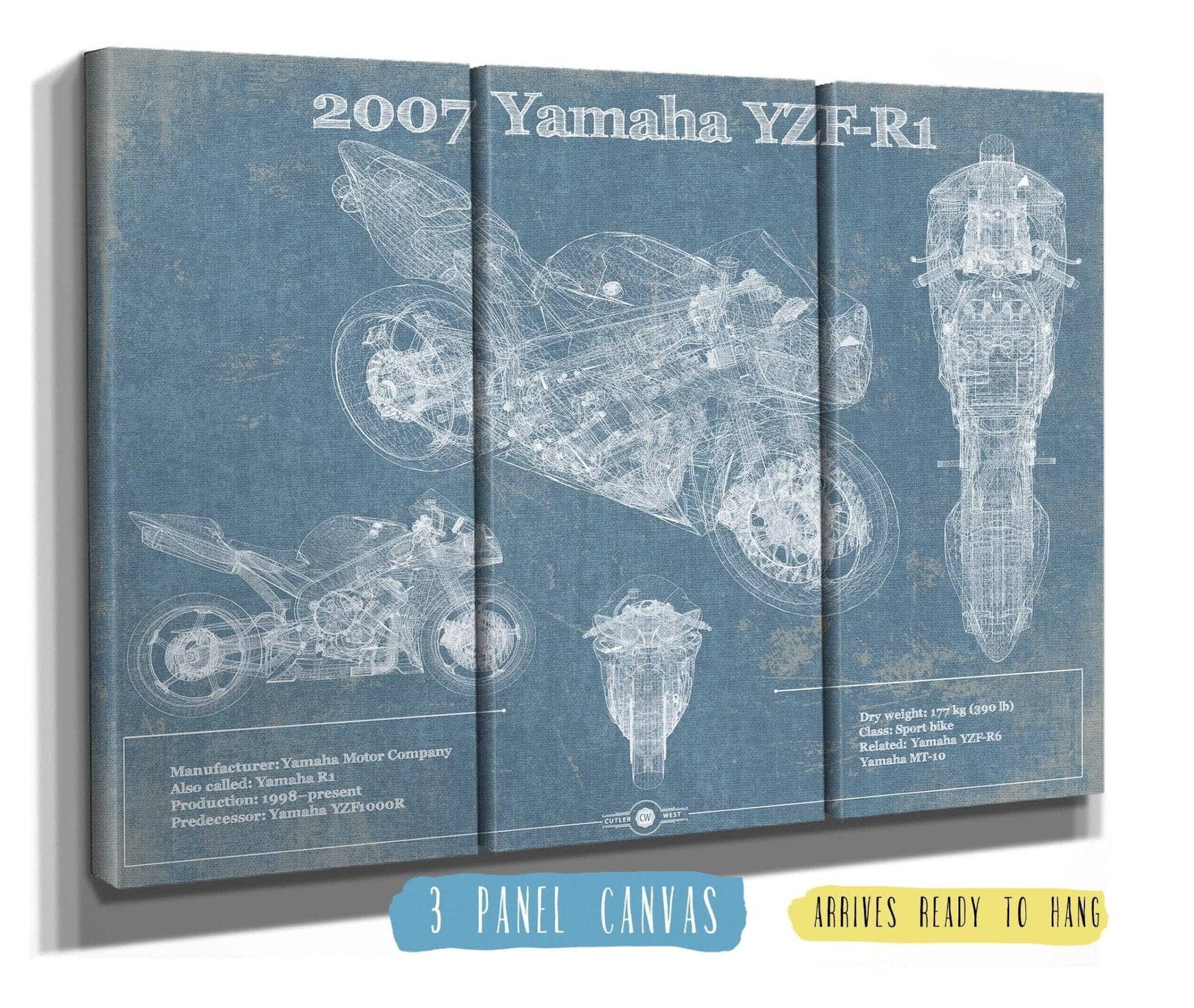 Cutler West 48" x 32" / 3 Panel Canvas Wrap Yamaha YZF-R1 (R1) Blueprint Motorcycle Patent Print 888114587-48"-x-32"41065