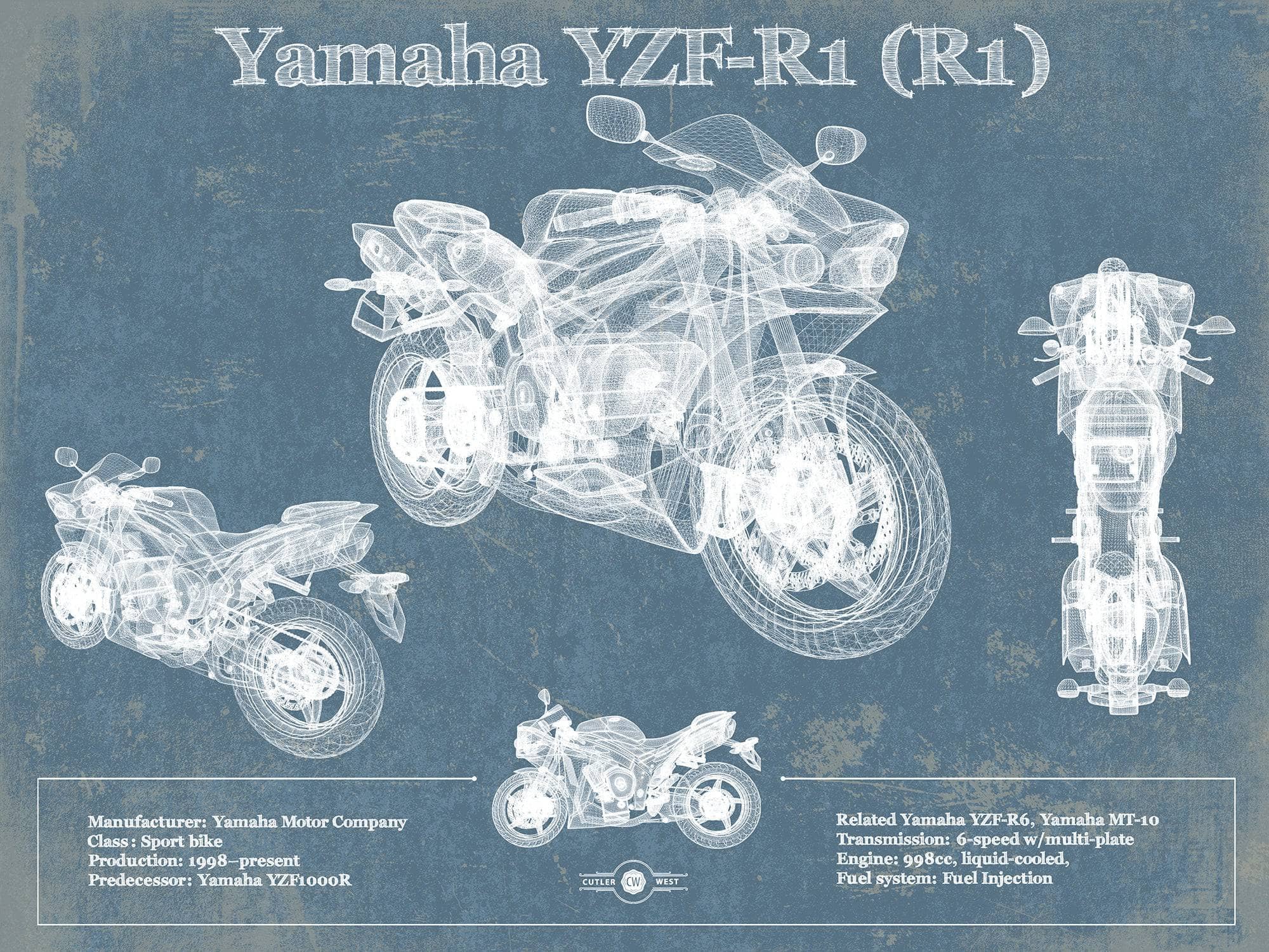 Cutler West 14" x 11" / Unframed Yamaha YZF-R1 (R1) Blueprint Motorcycle Patent Print 888114587-14"-x-11"5275
