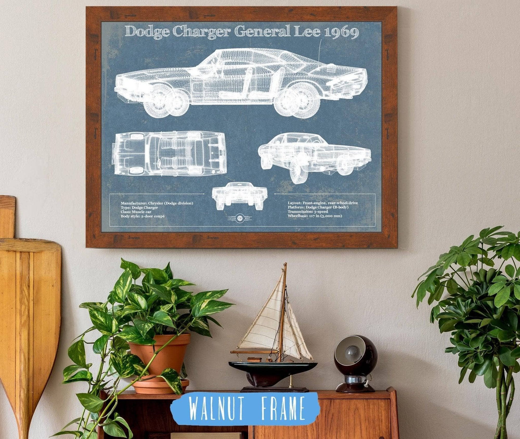 Cutler West Dodge Collection 14" x 11" / Walnut Frame Dodge Charger (Mk2) (B Body) General Lee 1969 Vintage Blueprint Auto Print 833110046_55076