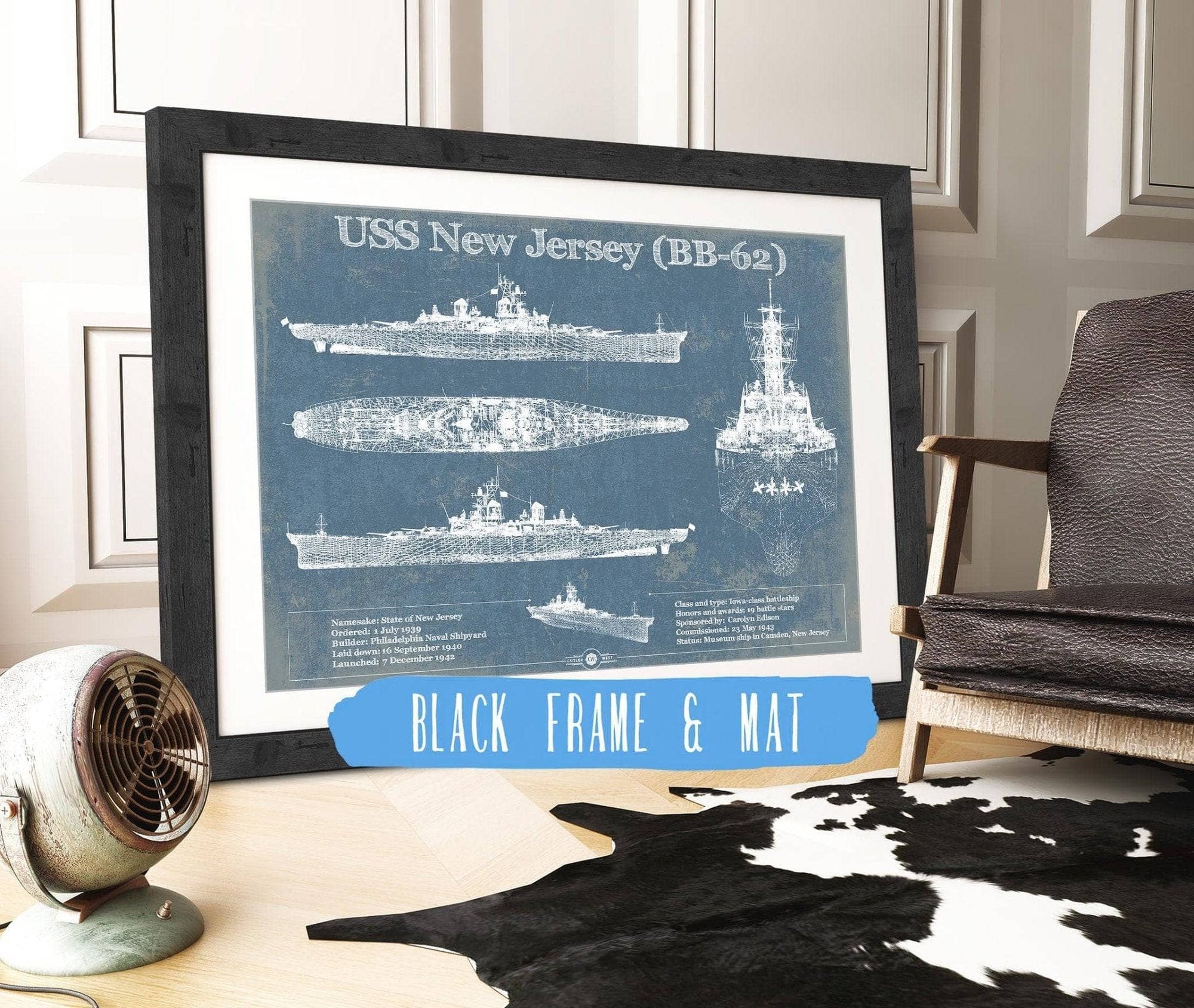 Cutler West Naval Military 14" x 11" / Black Frame & Mat USS New Jersey (BB-62) Battleship Blueprint Original Military Wall Art - Customizable 933350068_24534
