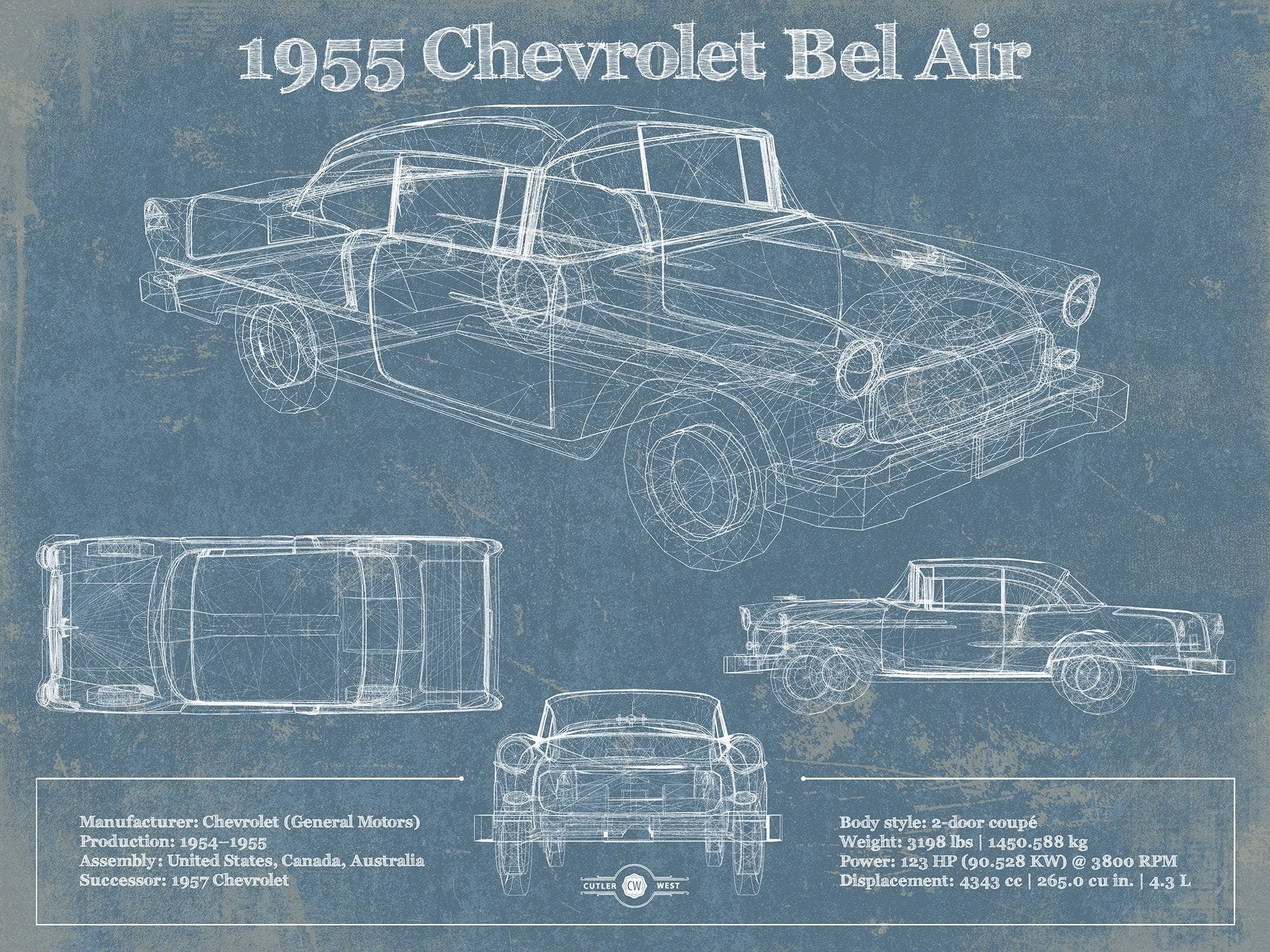 Cutler West Chevrolet Collection 1955 Chevrolet Bel Air Blueprint Vintage Auto Print