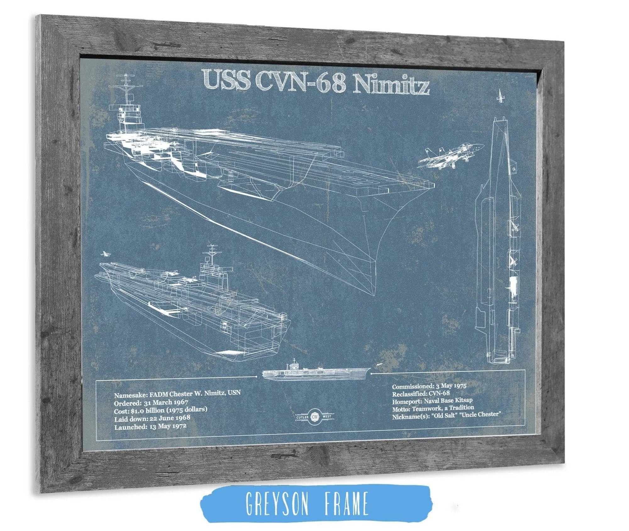 Cutler West Naval Military 14" x 11" / Greyson Frame USS Nimitz CVN-68 Aircraft Carrier Blueprint Original Military 882103634_30265