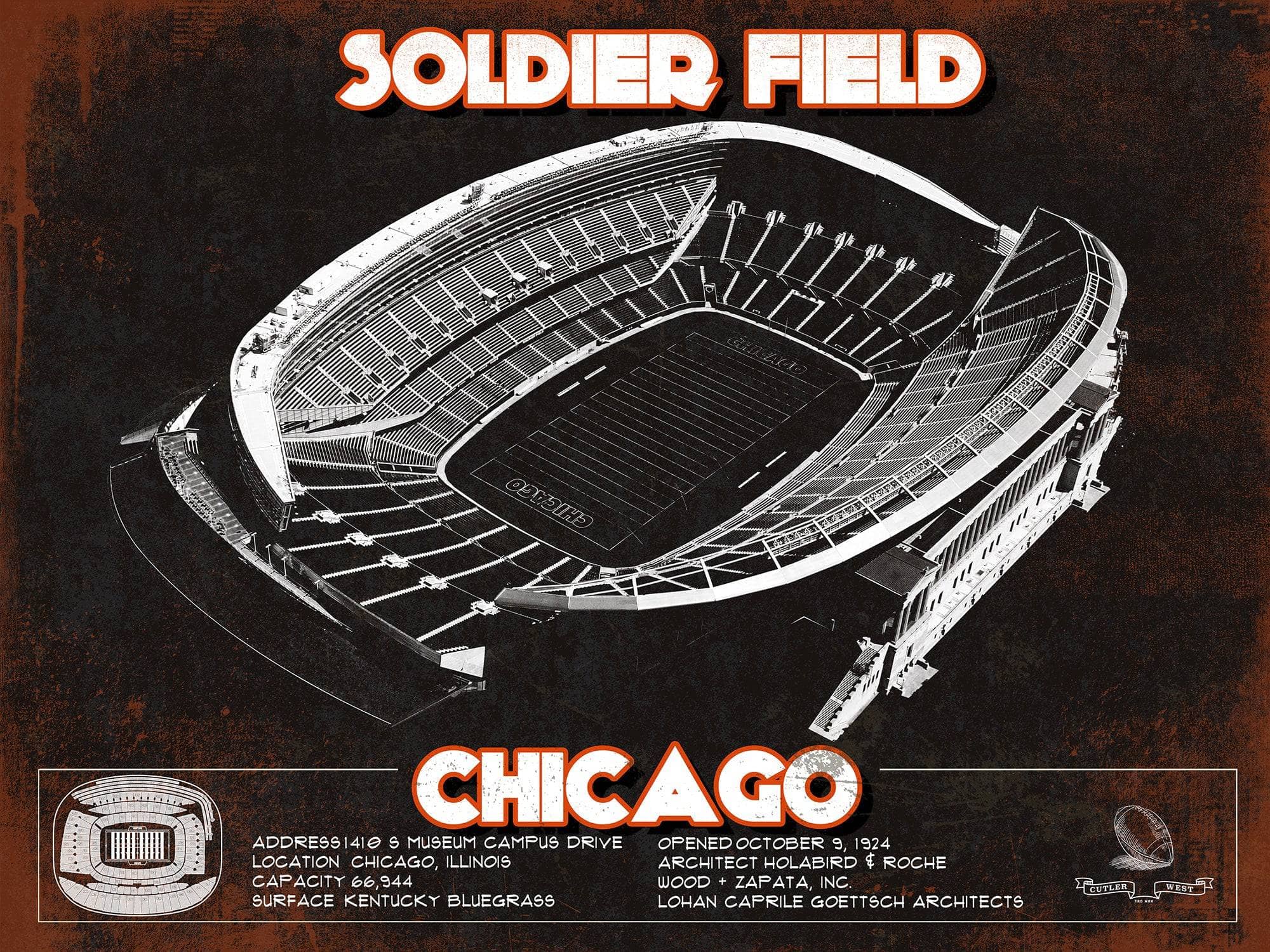 Cutler West Pro Football Collection 14" x 11" / Unframed Chicago Bears Stadium Seating Chart Soldier Field Vintage Football Print 933350144_31908