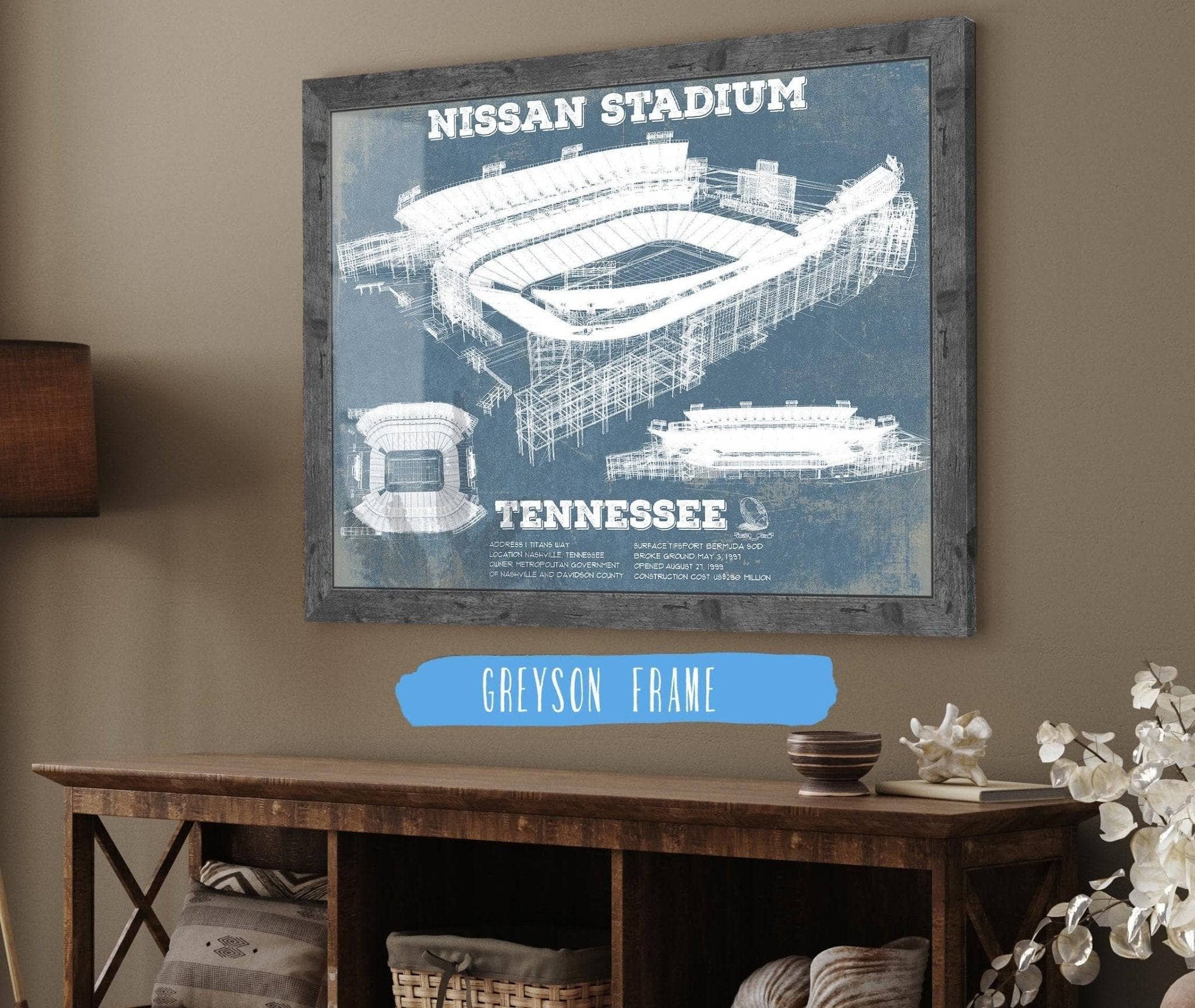 Cutler West Pro Football Collection 14" x 11" / Greyson Frame Tennessee Titans Nissan Stadium - Vintage Football Print 723971122_70962