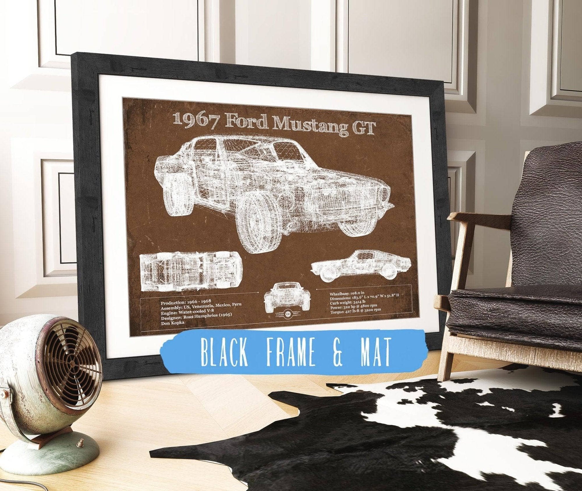 Cutler West Ford Collection 14" x 11" / Black Frame & Mat 1967 Ford Mustang GT Blueprint Vintage Auto Print 933350035_34088