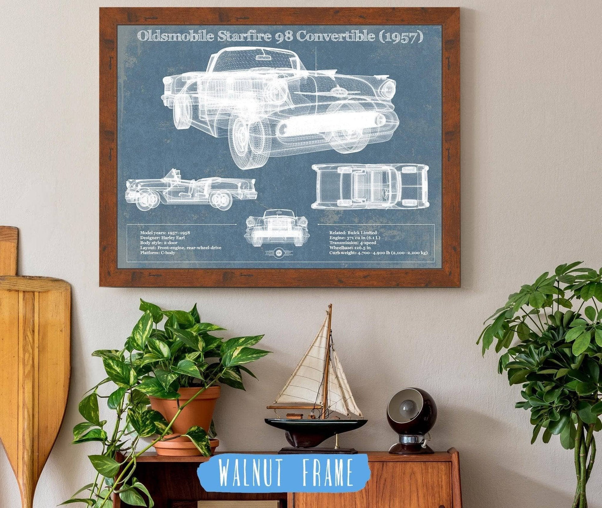 Cutler West Vehicle Collection Oldsmobile Starfire 98 Convertible (1957) Blueprint Vintage Auto Print