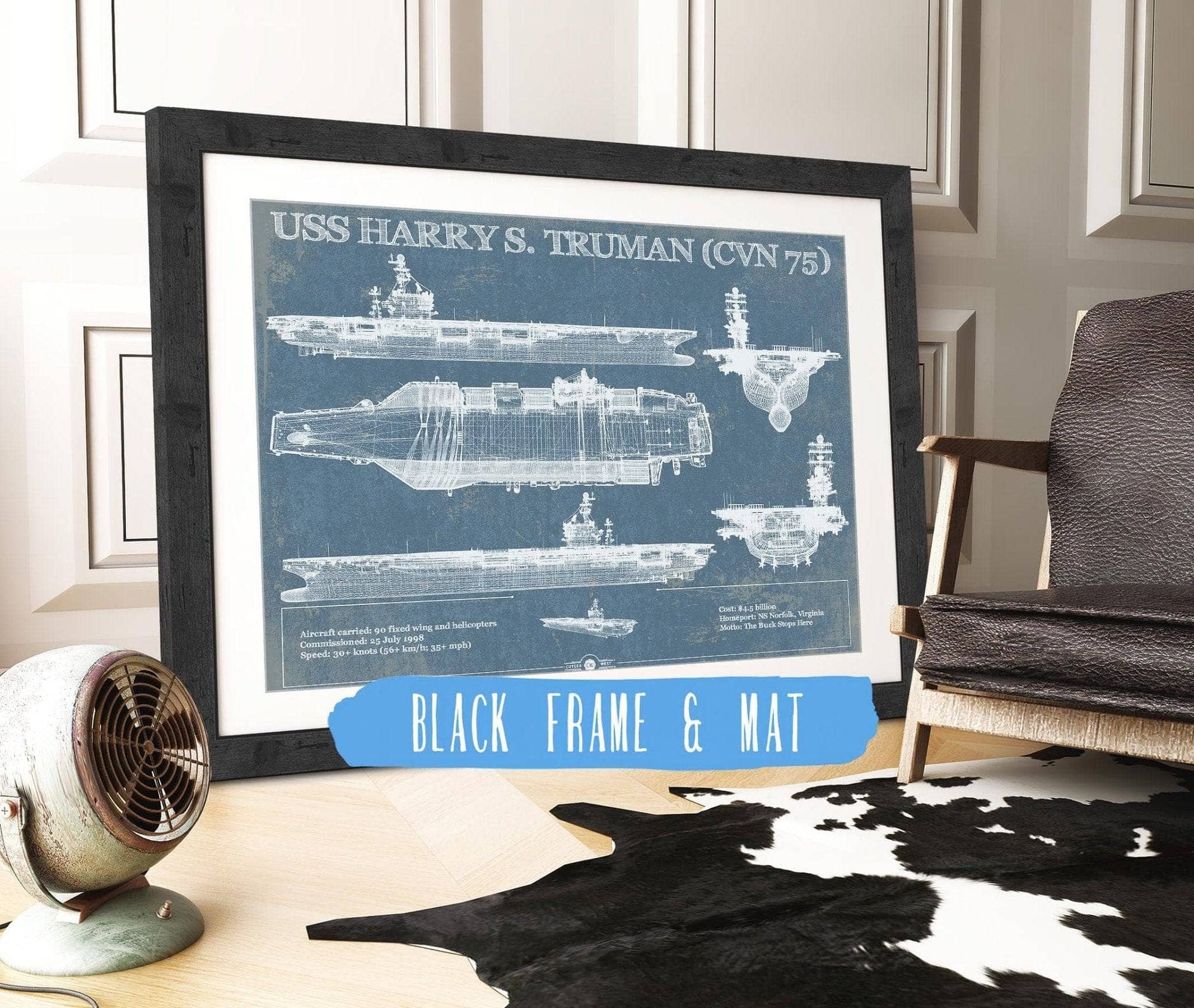 Cutler West Naval Military 14" x 11" / Black Frame & Mat USS Harry S. Truman (CVN 75) Aircraft Carrier Blueprint Original Military Wall Art 835000056_24336