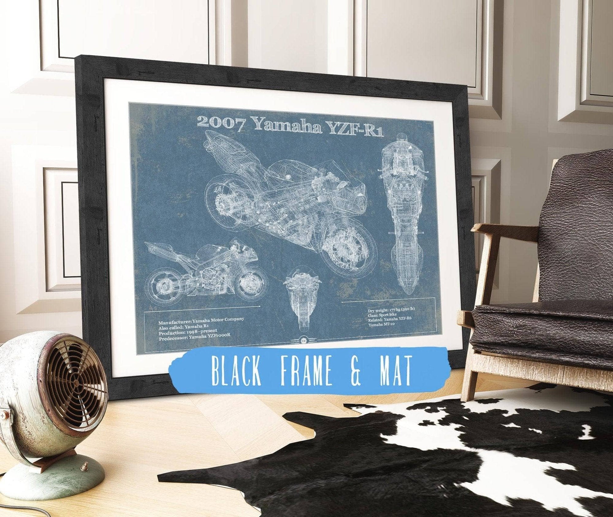 Cutler West 14" x 11" / Black Frame & Mat Yamaha YZF-R1 (R1) Blueprint Motorcycle Patent Print 888114587-14"-x-11"41017