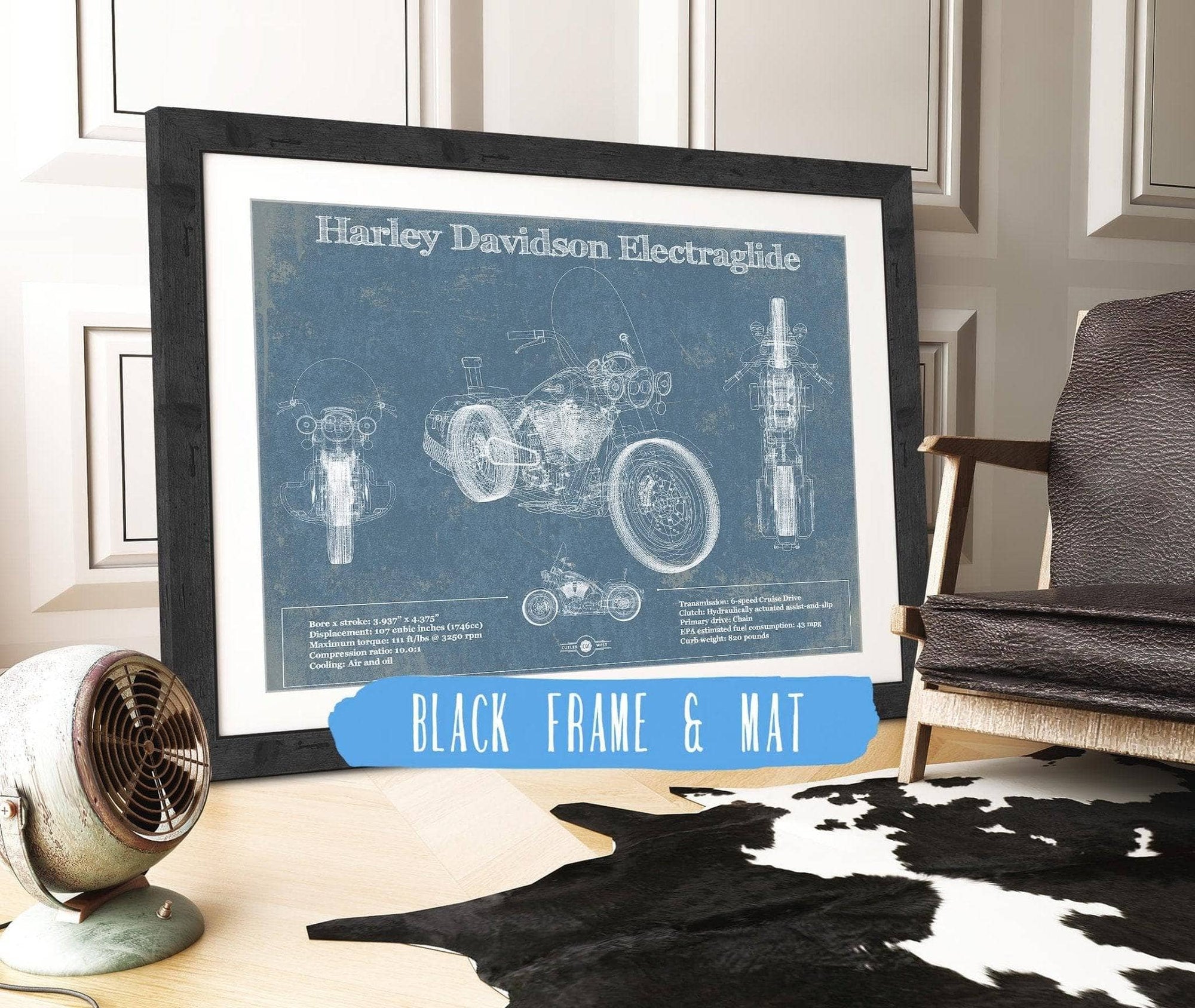 Cutler West 14" x 11" / Black Frame & Mat Harley Davidson ElectraGlide Motorcycle Patent Print 833110125_17542