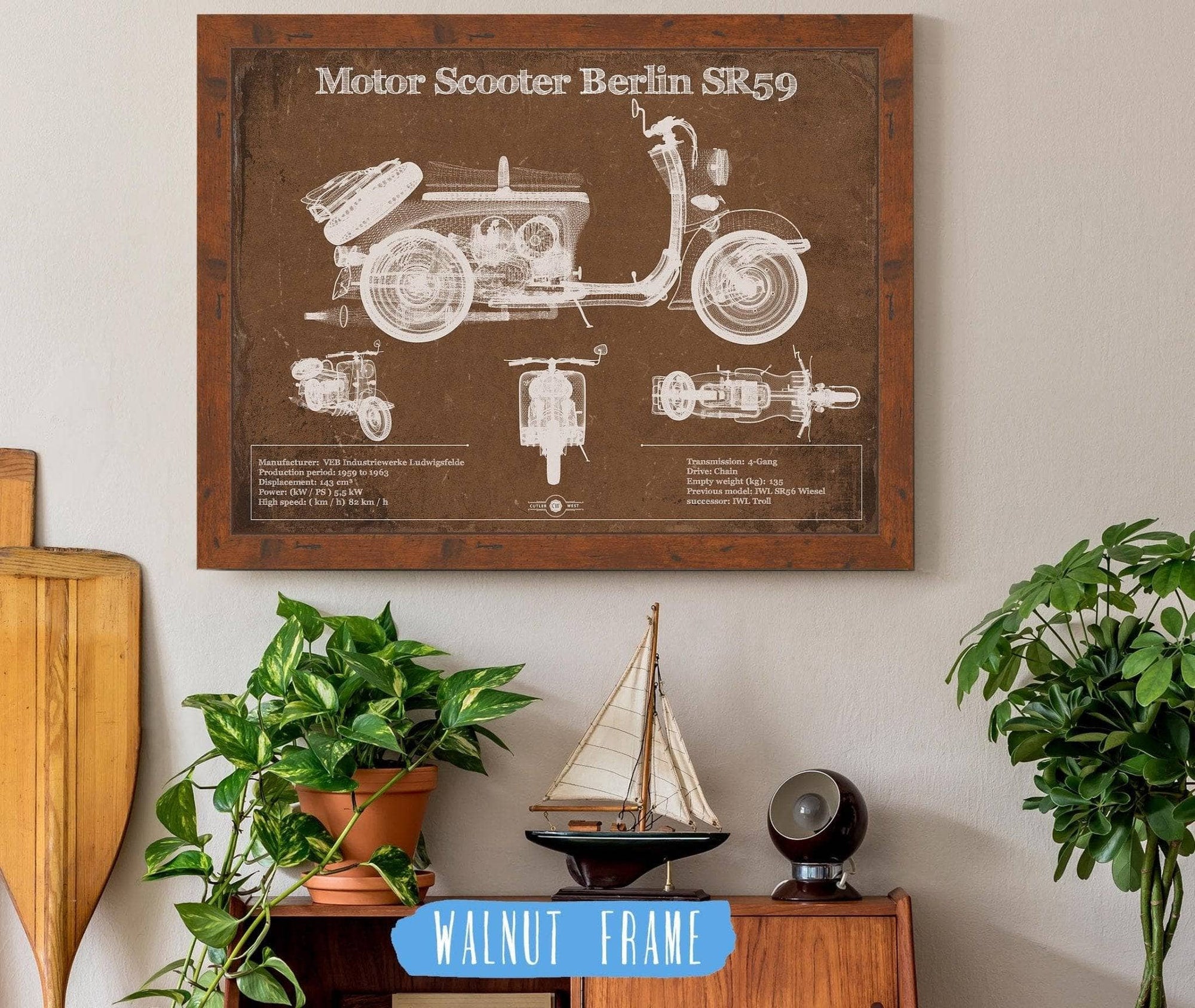 Cutler West 14" x 11" / Walnut Frame Motor Scooter IWL Berlin SR59 Vintage Blueprint Motorcycle Print 933350047_15899