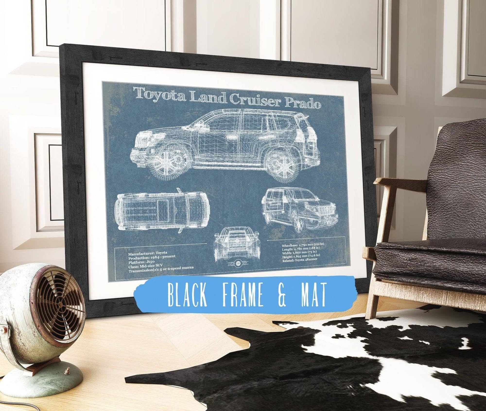 Cutler West Toyota Collection 14" x 11" / Black Frame & Mat Toyota Land Cruiser Prado (2016) Blueprint Vintage Auto Patent Print 833110122_6135