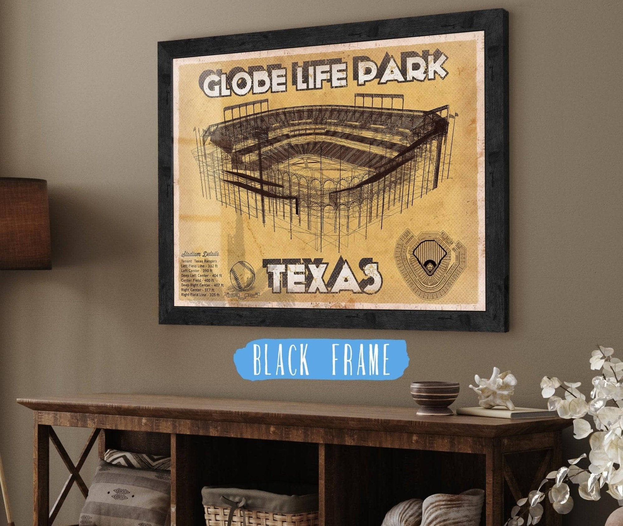 Cutler West Baseball Collection 14" x 11" / Black Frame Texas Rangers - Globe Life Park Vintage Stadium Baseball Print 714064343_63389