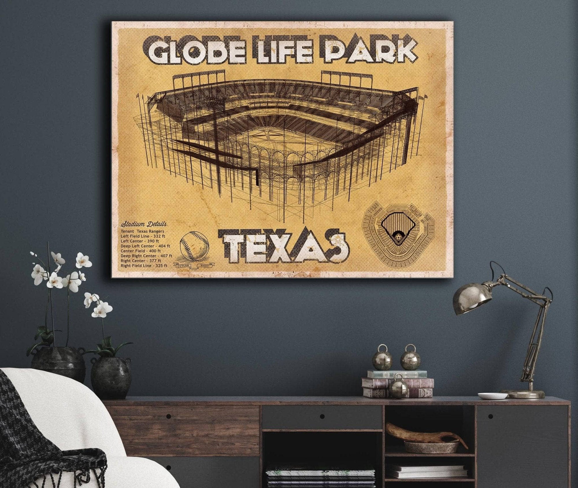 Cutler West Baseball Collection Texas Rangers - Globe Life Park Vintage Stadium Baseball Print
