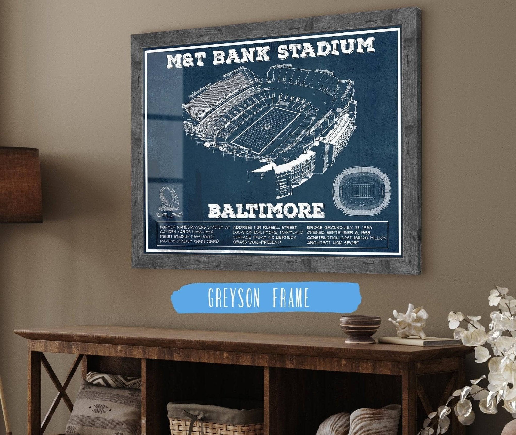 Cutler West Pro Football Collection 14" x 11" / Greyson Frame Baltimore Ravens - M&T Bank Stadium - Vintage Football Print 635803678-TOP