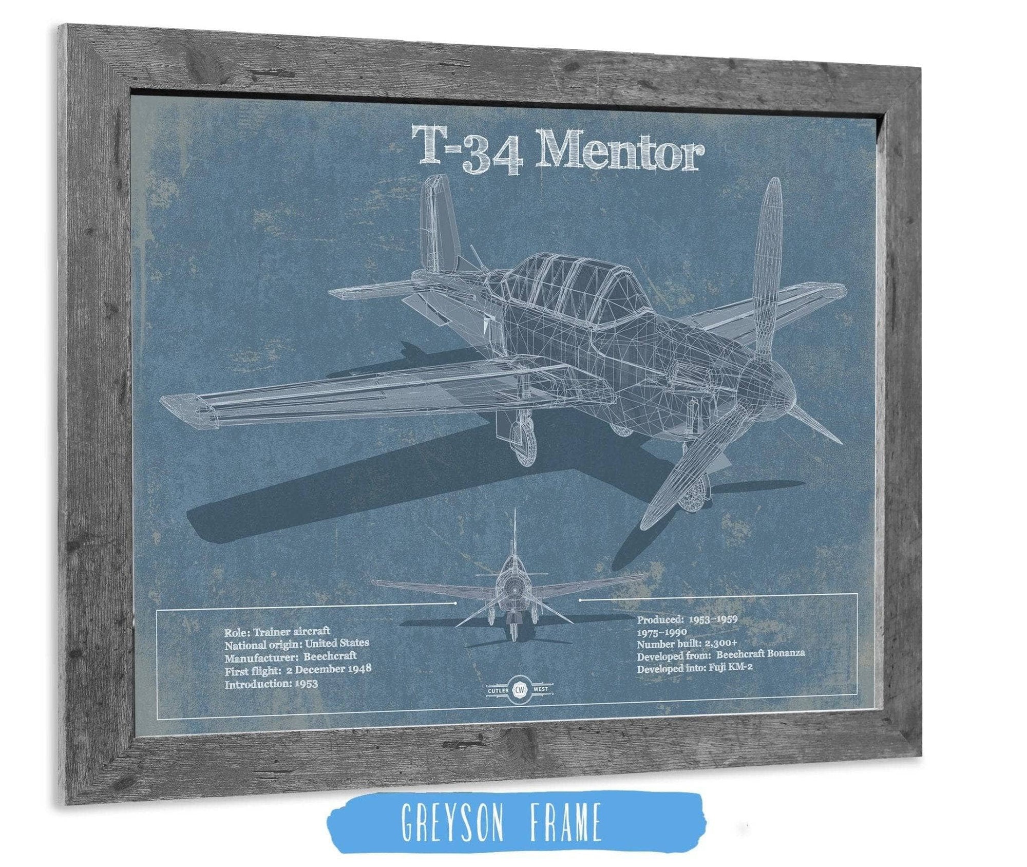 Cutler West Military Aircraft 14" x 11" / Greyson Frame T-34 Mentor Aircraft Blueprint Original Military Wall Art 803177329_27311