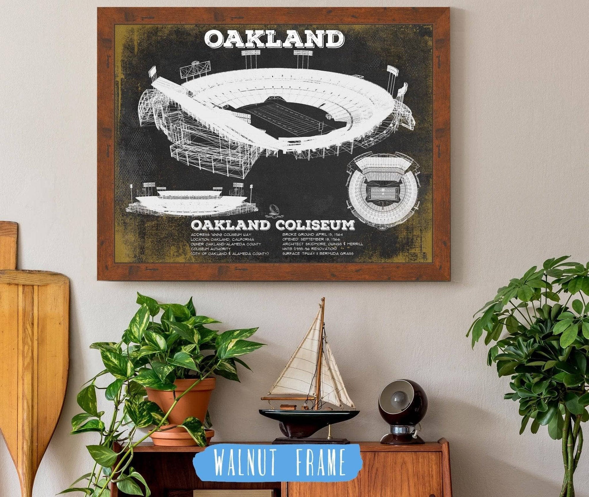 Cutler West Pro Football Collection 14" x 11" / Walnut Frame Oakland Raiders Team Colors Oakland Coliseum NFL Vintage Football Print 933350154_70430