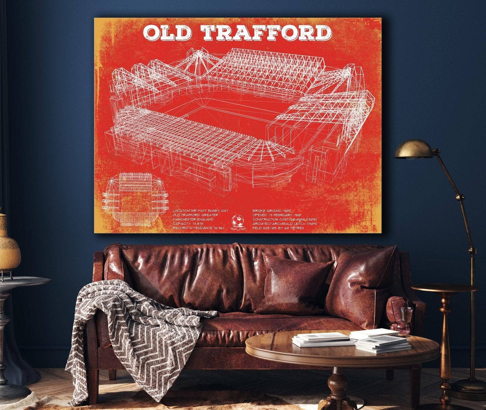 Cutler West Soccer Collection Manchester United F.C. (MU Red Devil) - Old Trafford Stadium Team Color Blueprint Vintage Soccer Print