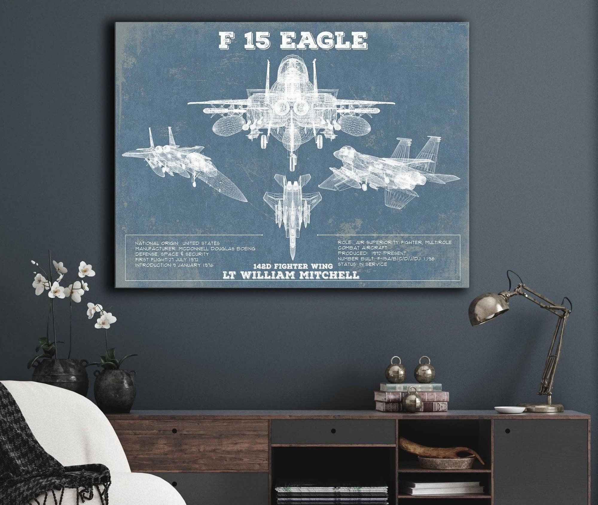 Cutler West Best Selling Collection F-15 Eagle Vintage Aviation Blueprint Military Print - Custom Name and Squadron Text